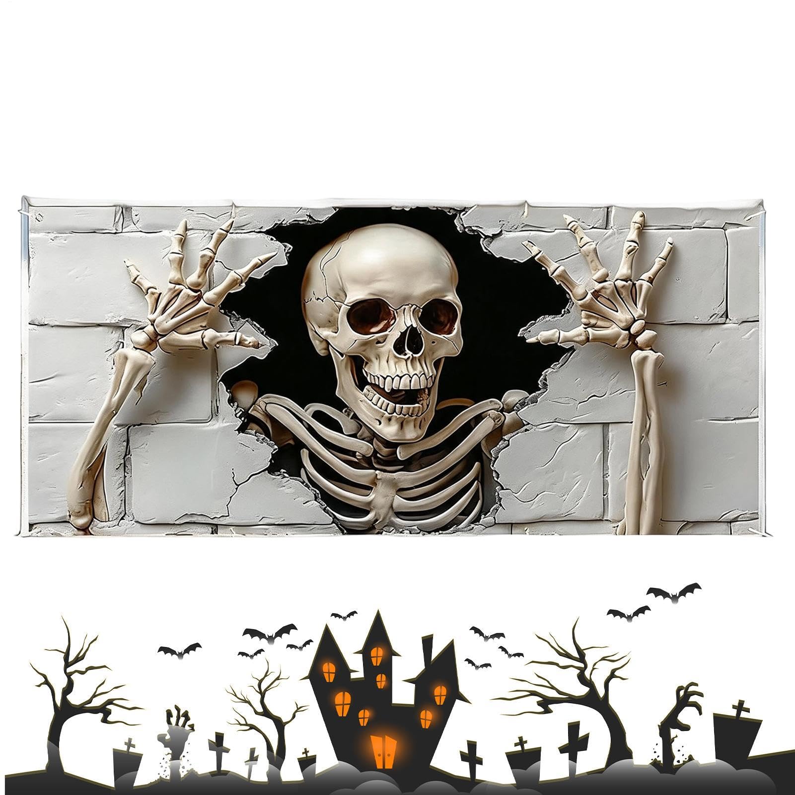 Halloween baner do bramy garażowej, 1,8 x 4 m, wielokrotnego użytku, czaszka Halloween | Ściana garażowa tło baner do użytku na zewnątrz dom podwórko noc księżyca nawiedzony dom wakacje ściana okno impreza