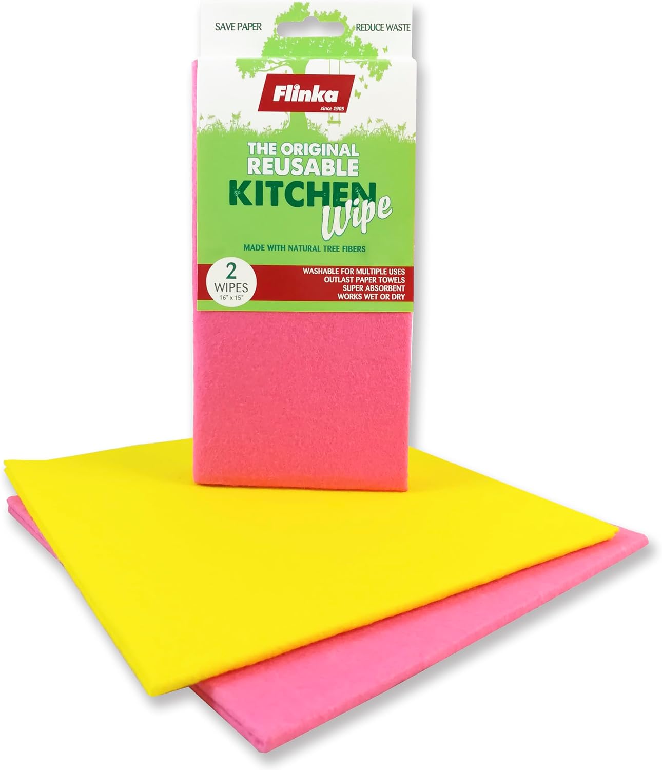 Flinka Kitchen Wipes 2 Count Pack - Large (16 in. x 15 in.) Reusable Cleaning Cloth - Washable Paper Towels - Eco Friendly Viscose Cloths - Assorted Variety of Colors