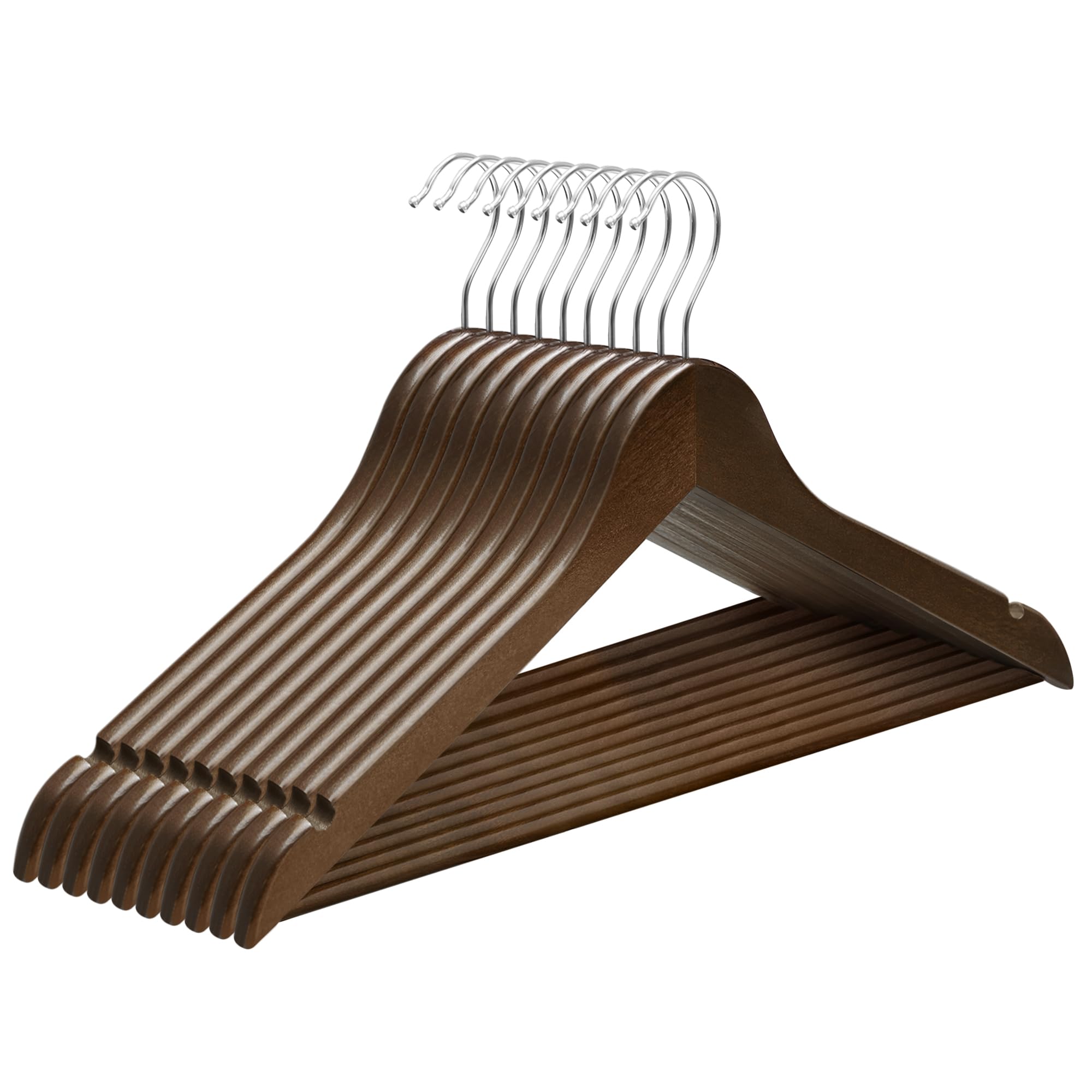 Songmics Dark Walnut Wooden Clothes Hangers, Set Of 10, Coat Hangers With Shoulder Notches, 360° Silver Swivel Hook, For Suits, Shirts, Coats, Crw001kz05