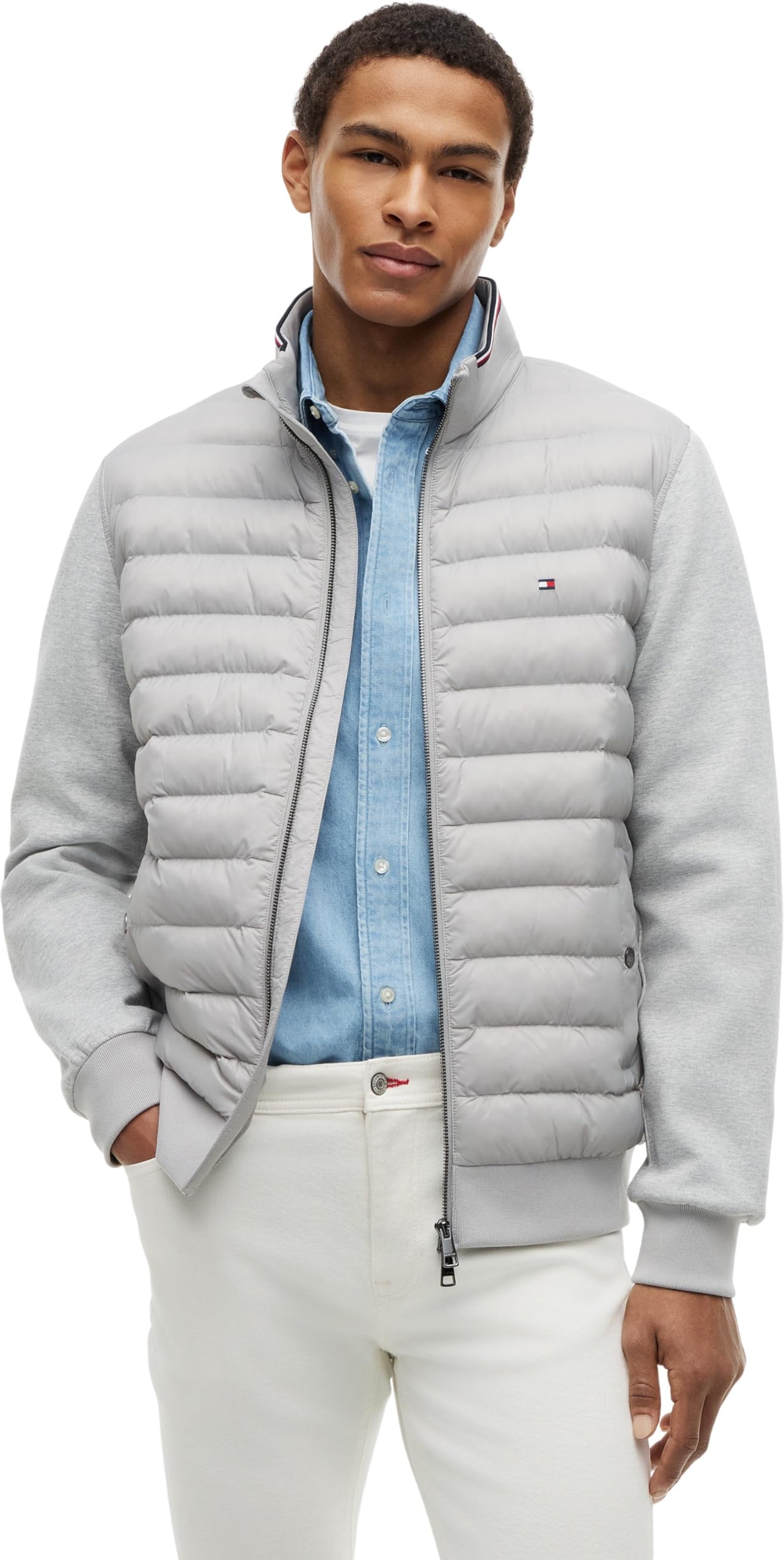 Tommy Hilfiger Herren Sweatshirt mit Reißverschluss Mix Media Stand Collar Steppjacke, Grau (Light Grey Heather), XS