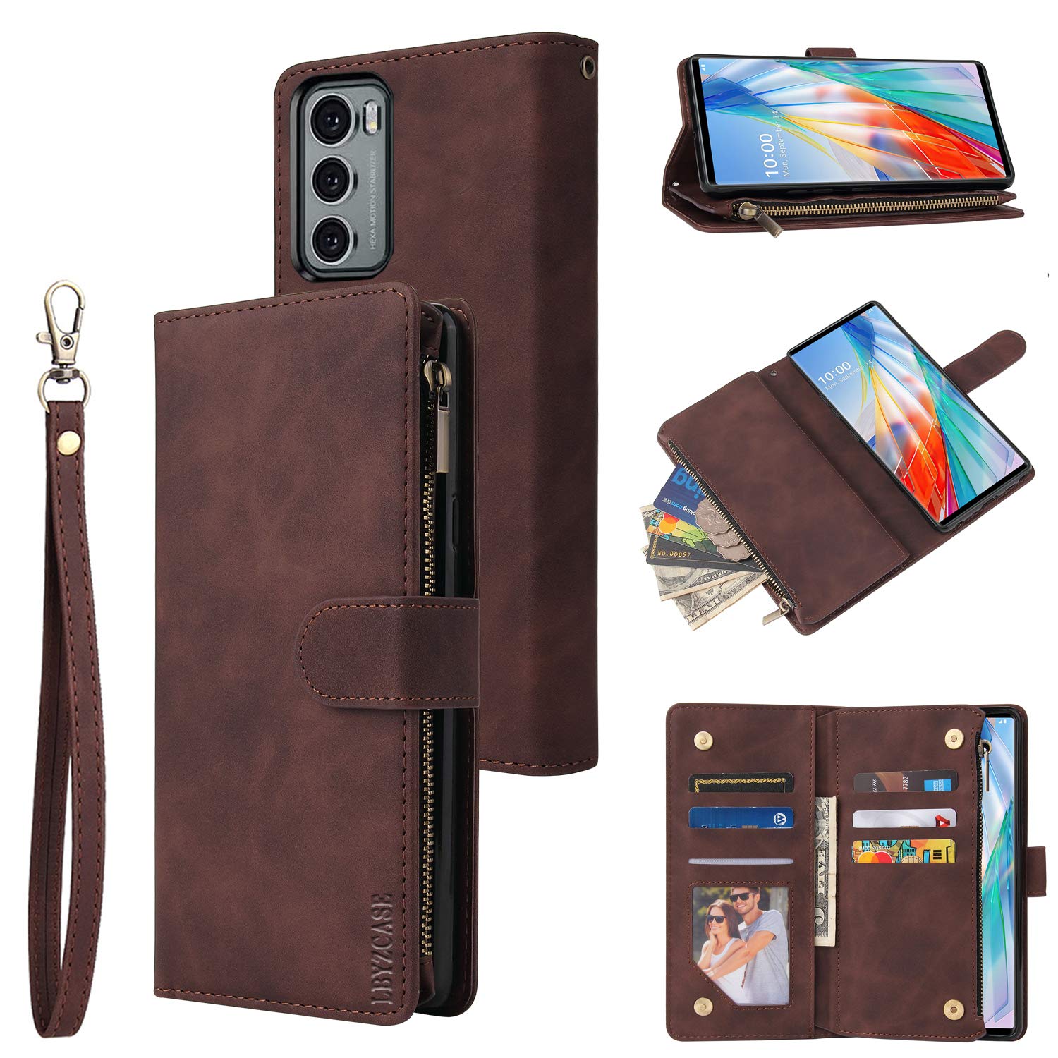 LBYZCASE Phone Case for LG Wing 5G(2020),LG Wing Wallet Case,Luxury Folio Flip Leather Cover[Zipper Pocket][Wrist Strap][Kickstand ][Magnetic Closure] for LG Wing (Coffee)