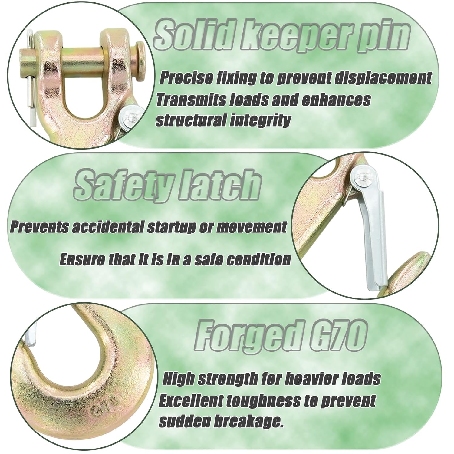 1/2" Clevis Chain Hooks, 2 Pack Heavy Duty Clevis Slip Hook with Safety Latch, Forged G70 Safety Chain Hooks for Trailer Transportation Towing Winches, 48,000LBS Capacity for Heavy Load - Image 3