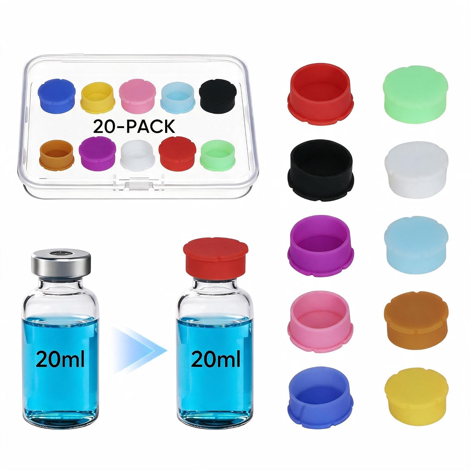 20PCS 20ml Vial Caps, Peptide Vial Caps (10 Colors)，Fit 20ml Vials Storage
