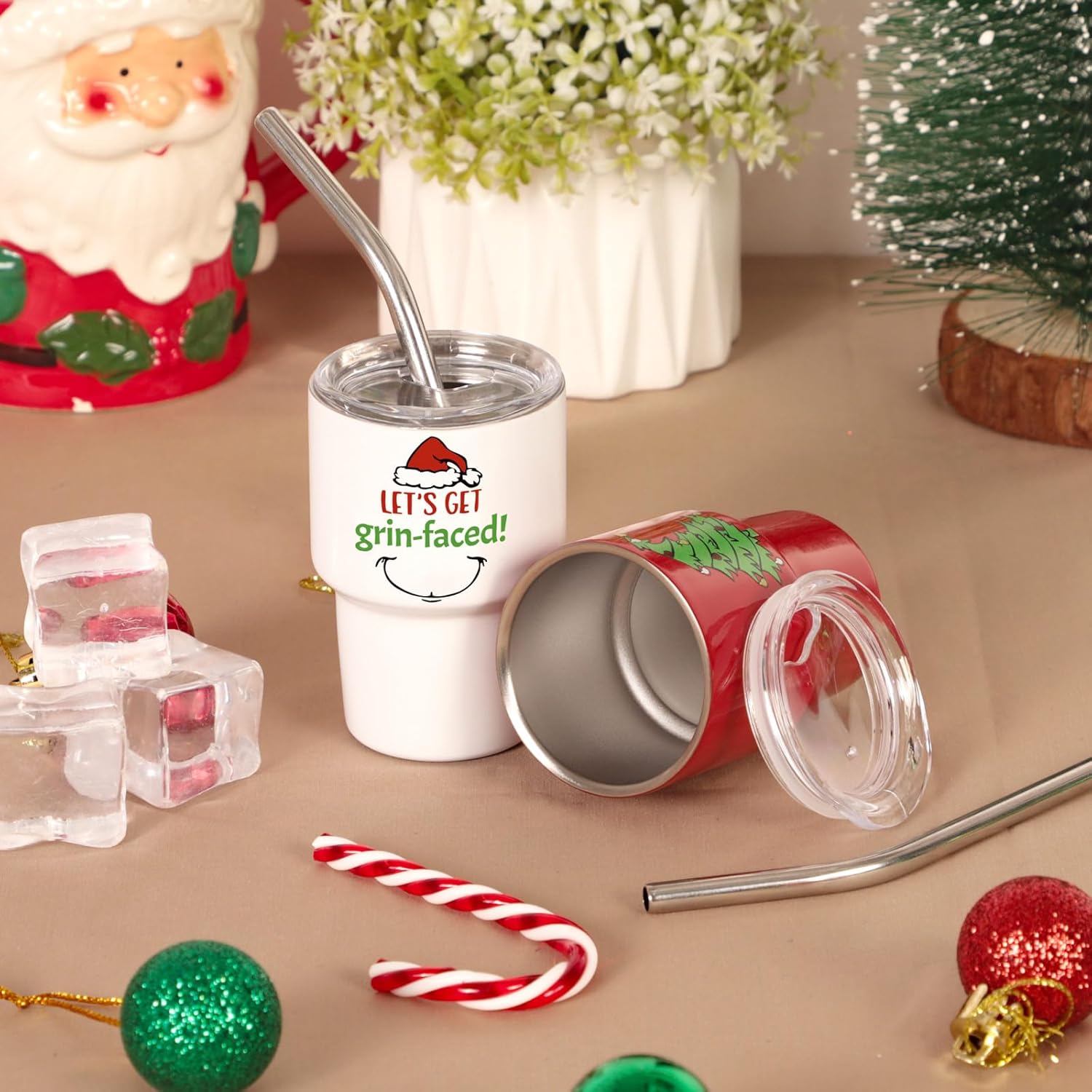 Mini Shot Glasses with Lids and Straws, 3 oz Cute Christmas Style Stainless Steel Insulated Sublimation Tumbler Cup for Drink Cocktail Bar Beach Party Gift (6 Packs)