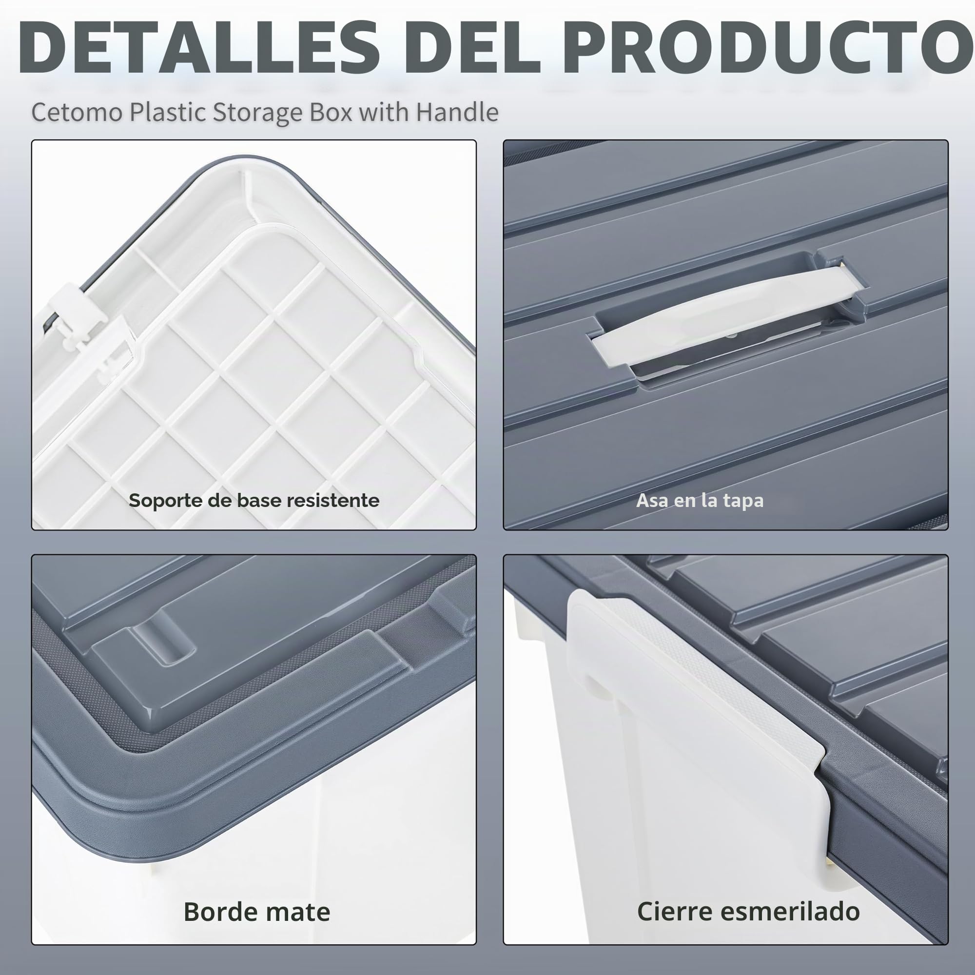 Cetomo 45L*4 Caja de Almacenamiento con Asa, Caja de Plástico con Tapa y Cierre Seguro, Contenedor de Almacenamiento Grande, Duradera, Apilable, Resistentes, Blanco, Paquete de 4 de 45L