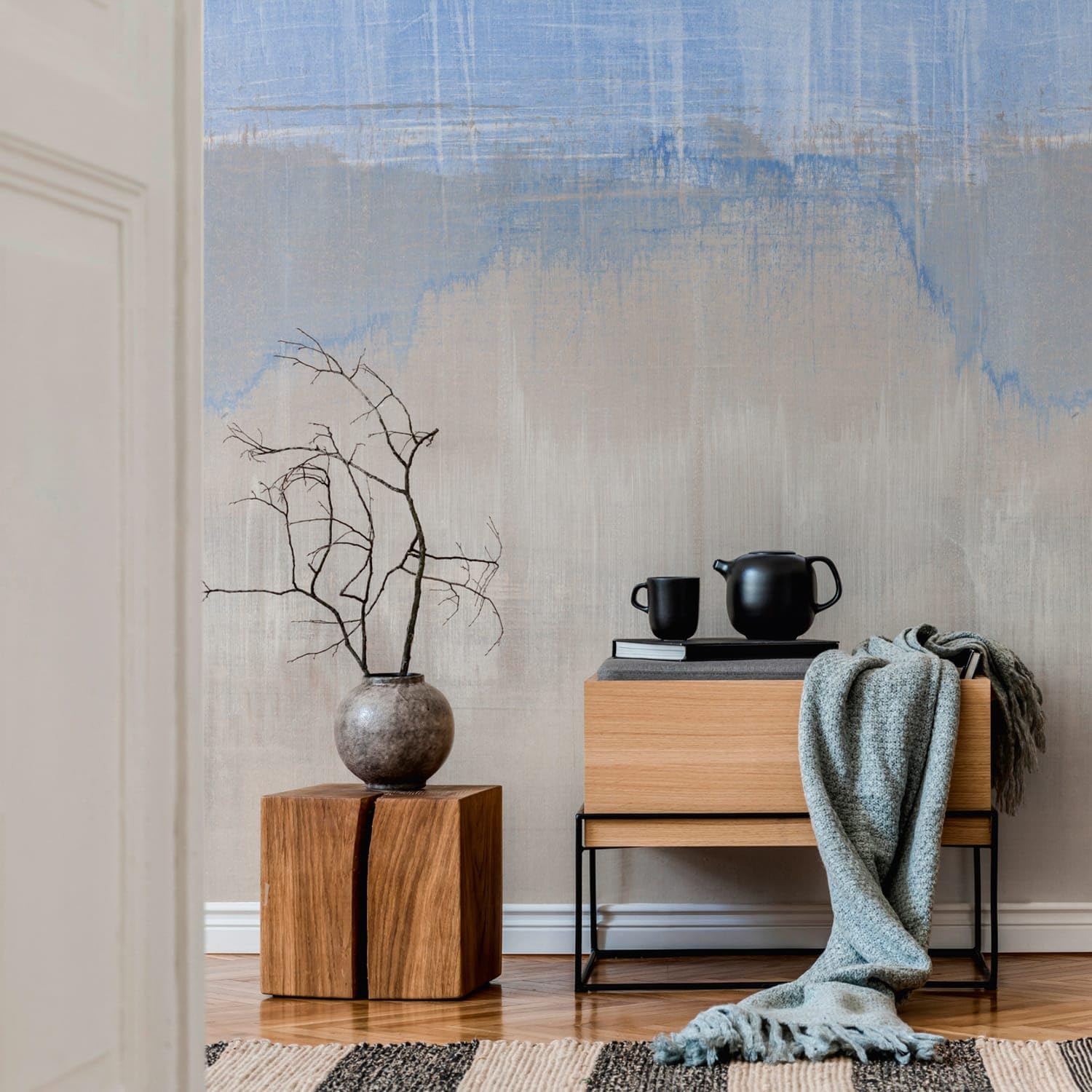 Papier peint intissé bleu gris Profhome 392331-GU masque les défauts des murs pose facile sans table
