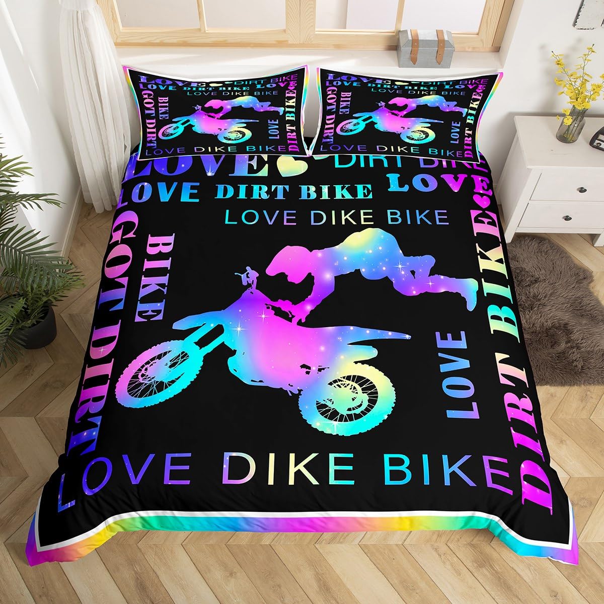 Homemissing Dirt Bike Bedding Set Single, Extreme Sports Duvet Cover Colorful Dirt Bike Comforter Cover Kids Toddler Motorbike Bedspread Cover (NO Comforter)