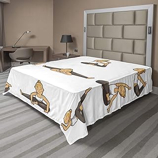Ambesonne Sports Theme Flat Sheet, Cartoon Scene of Happy Young Lady Doing Poses of Calm Exercise, Soft Comfortable Top Sheet Decorative Bedding 1 Piece, King Size, Taupe White and Dark Peach
