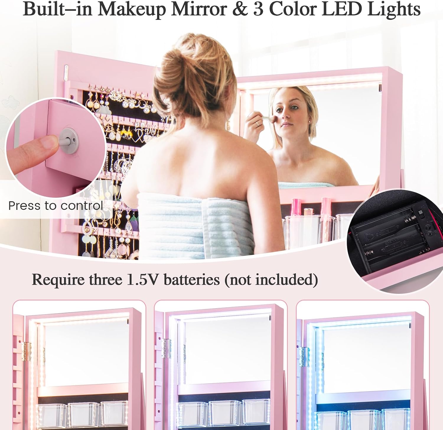 LOKO 360° Swivel Jewelry Cabinet, Lockable Jewelry Organizer with Rear Storage Shelves, Standing Jewelry Armoire with Full-Length Mirror & 3-Color LED Lights, for Women, Bedroom (Pink)