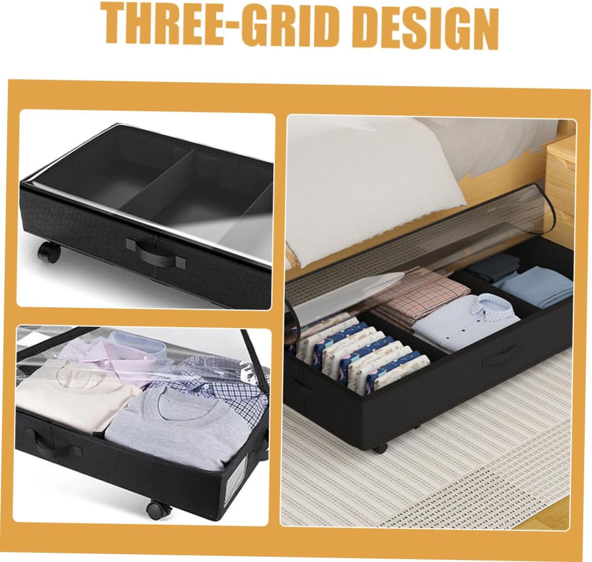 NUOBESTY Bed Storage Organizer with Wheels 3-grid Large Capacity Oxford Cloth Quilt Clothing Storage Bin Dustproof for Bedroom Clothes