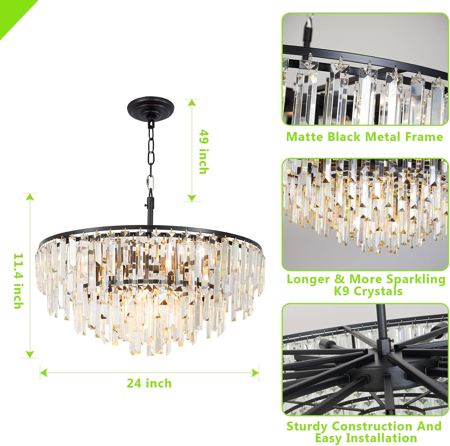 Black Modern Round Top K9 Crystal Chandelier Lighting Fixture, 8 Lights Round K9 Crystal Adjustable Hanging Lamp for Dining Room Bedroom Living Room,Hallway,Bar,Kitchen W24'
