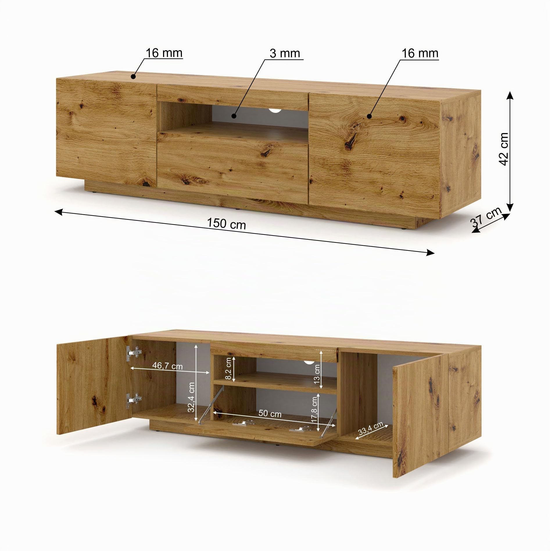 BIM Furniture Lowboard TV 150 cm - Universell Sideboard mit Laminierten Fronten und LED, Hängend oder stehend - Fernsehschrank HiFi Schrank fürs Wohnzimmer Artisan Eiche