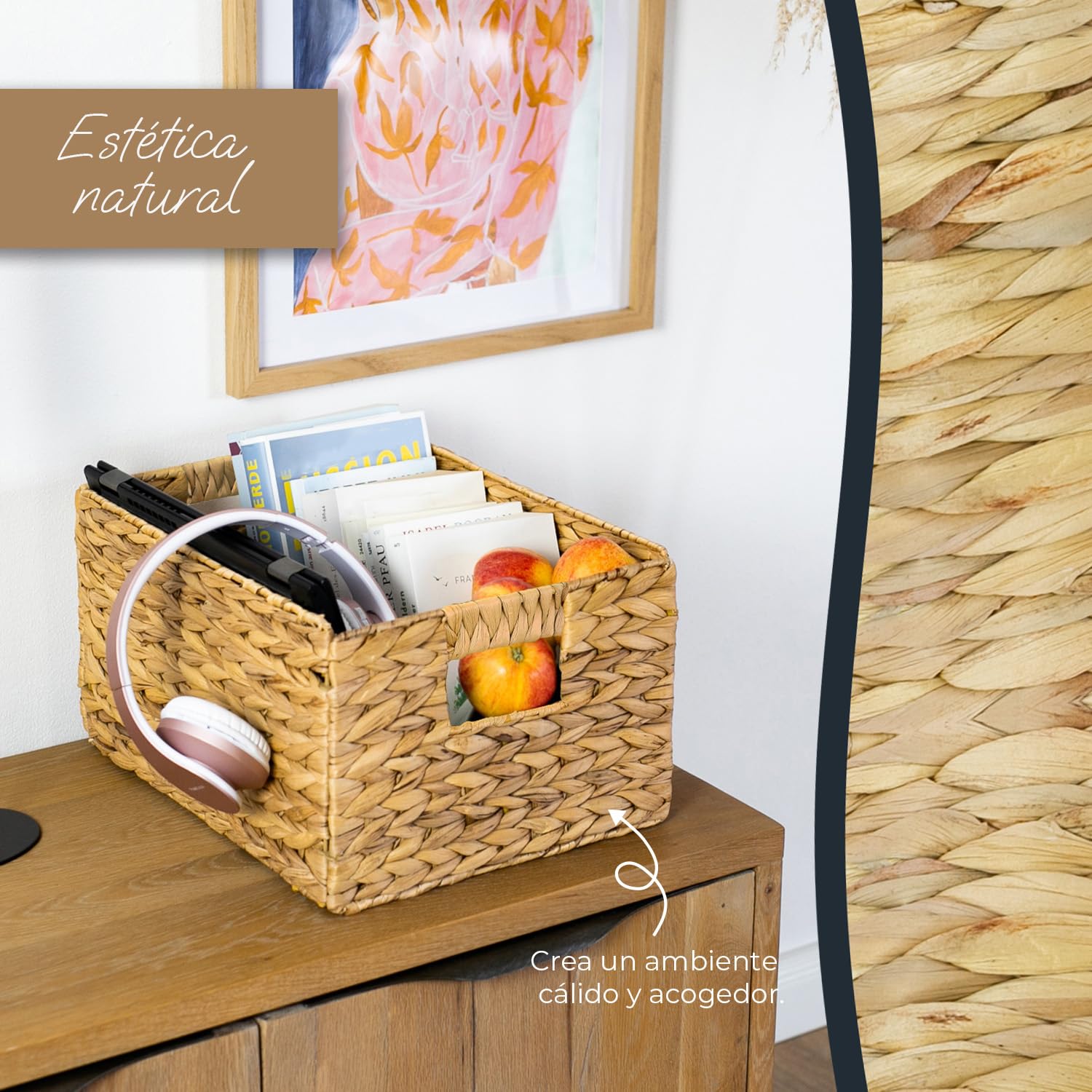 HMF Cesta de almacenaje trenzada organizadora de jacinto de agua, cesta decorativa con asas para baño, cocina, salón y estantería | Juego de 4 | Tamaño L | 36 x 28 x 20 cm | Natural