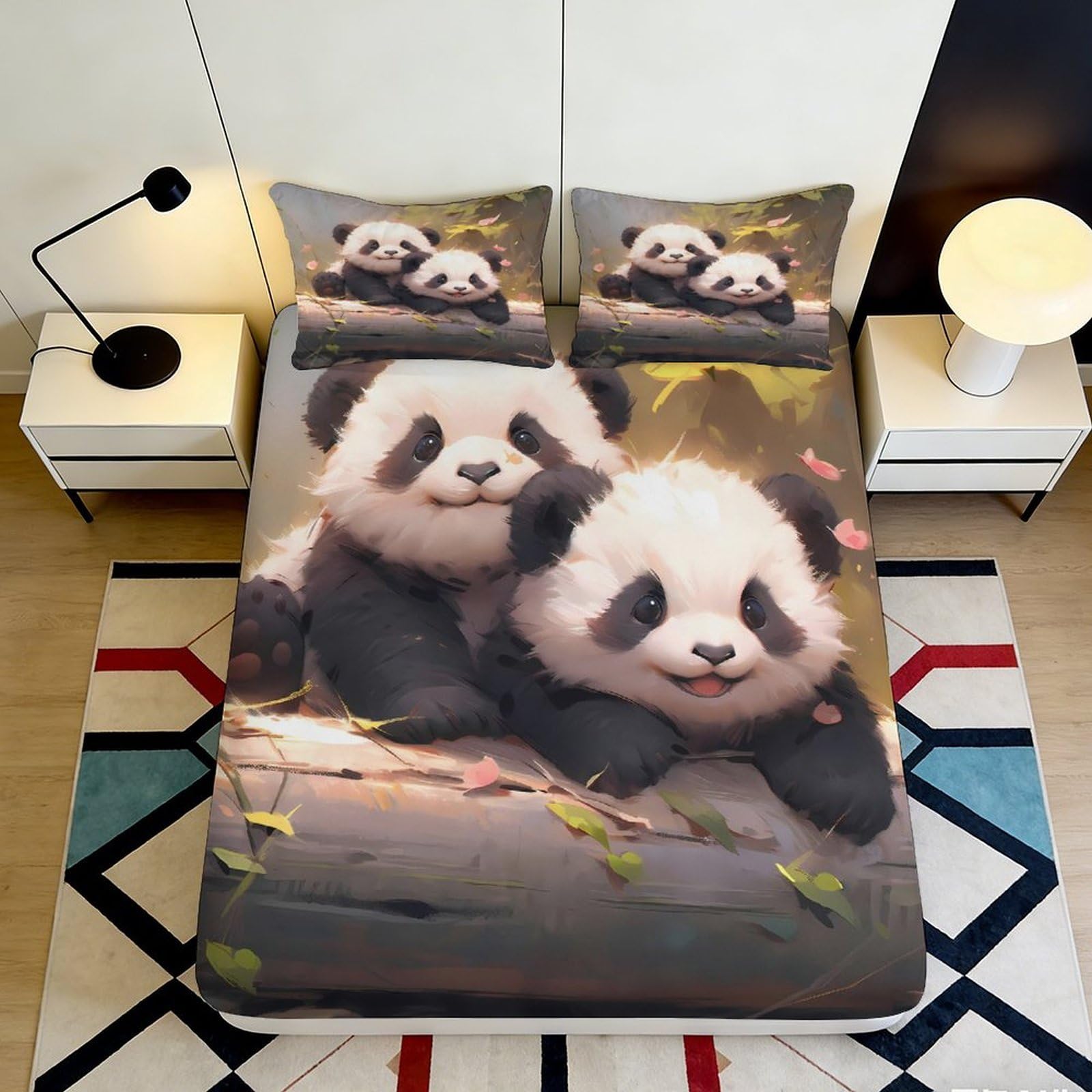 3D Printed Cute Panda Fitted Sheet Microfiber Soft Breathable Forest Animal Mattress Cover for Bedroom Dorm Bed Decor 200x200x25cm