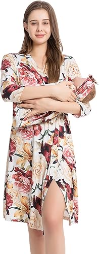 Galabloomer Bata de maternidad y manta de recepción de bebé, juego de bata de parto y manta de bebé a juego con diseño floral marfil