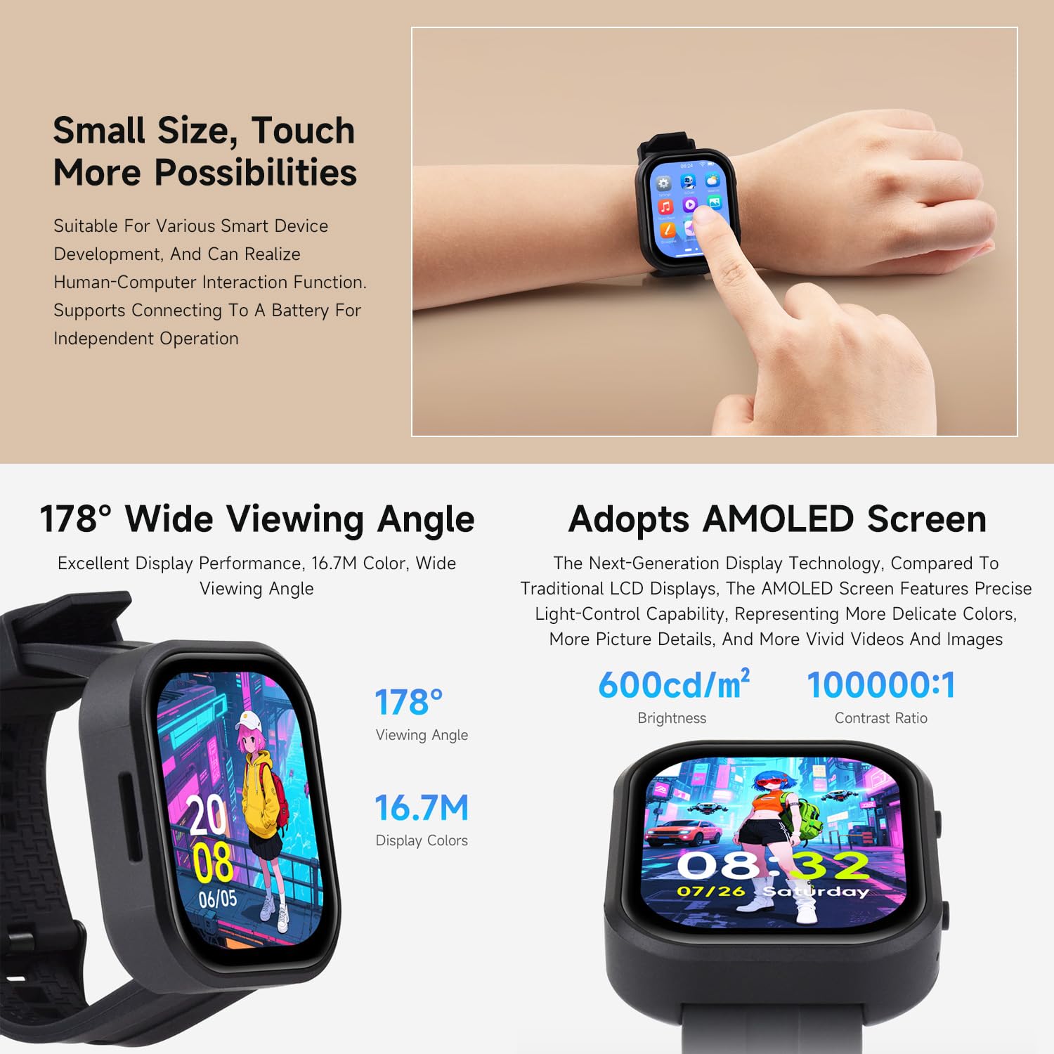 Waveshare ESP32-S3 2.06inch AMOLED Touch Watch Development Board, 32-Bit LX7 2-Core Processor, 410x502 Pixel, QSPI Interface, Onboard 2 Digital Microphones Array, ESP32 with Display(Without Batt)