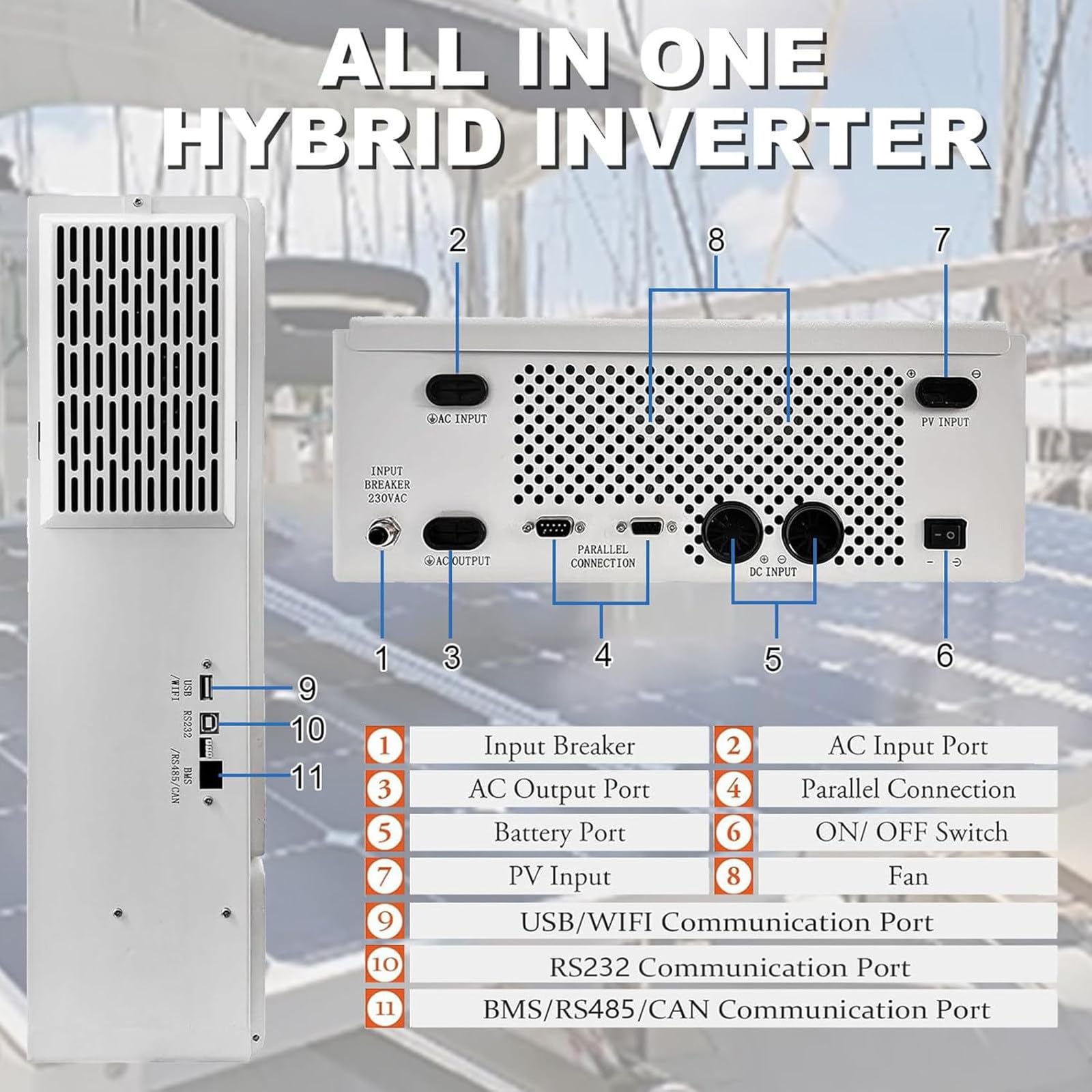 Inversor Solar Híbrido Todo En Uno 5500 W, Inversor Híbrido Fuera Red 48V A 110V/220V, Controlador Carga Solar Mppt 120 A Integrado + Cargador Ca, Compatible con Conexión En Paralelo