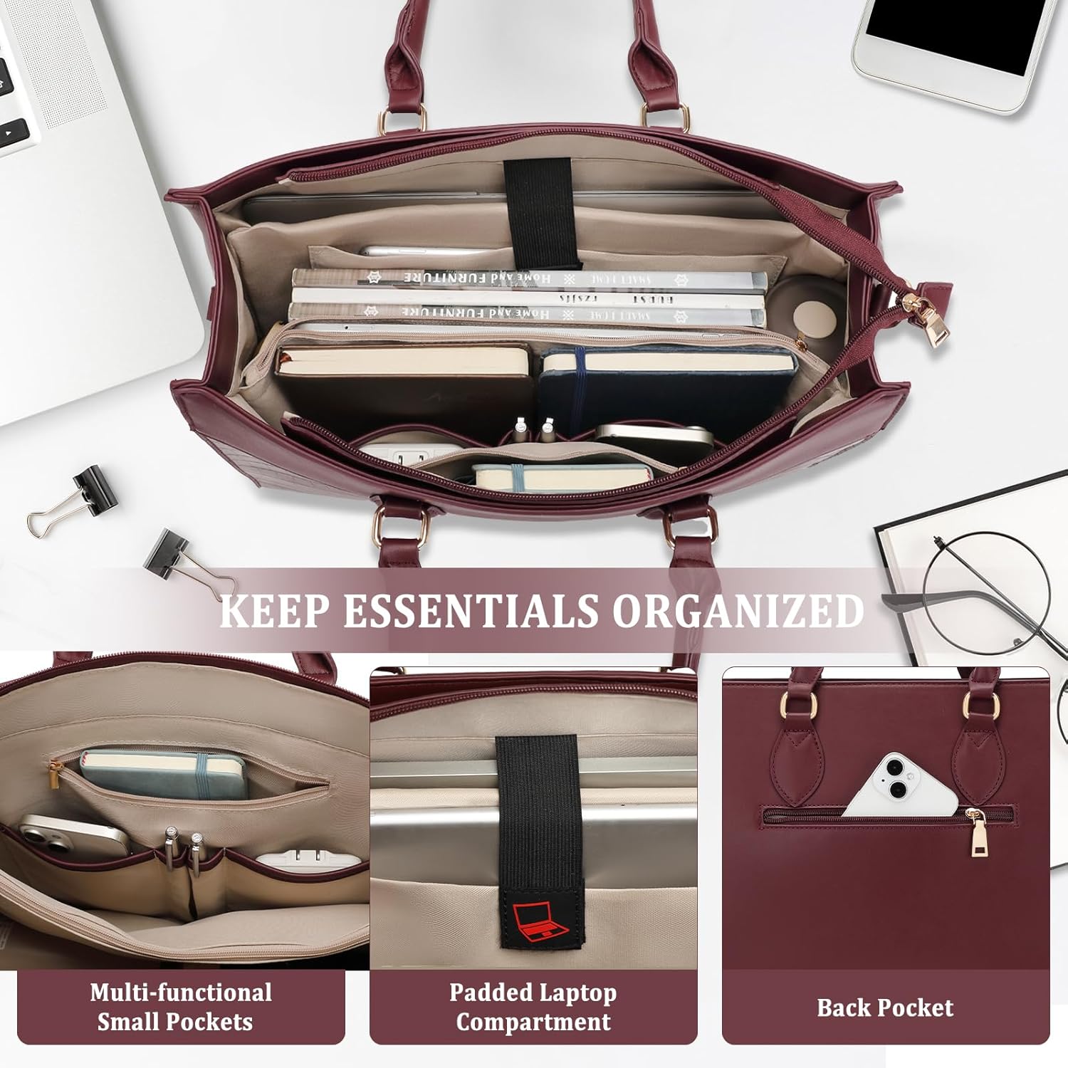 BOLOSTA Laptop Bag for Women 15.6 inch Work Tote Bags for Women Large Waterproof Leather Computer Bag with Clutch Purse