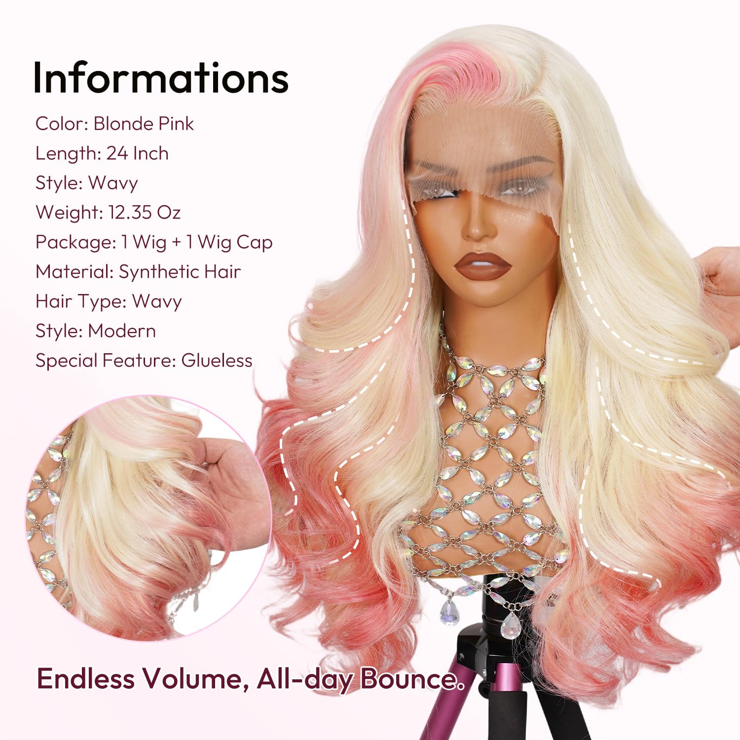 13 * 6Pink Synthetic Hair Wig Lace Front Glueless Body Wave Ombre Blonde Pink Pre Plucked HD Transparent Lace Breathable Ready to Wear with Baby Hair for Women