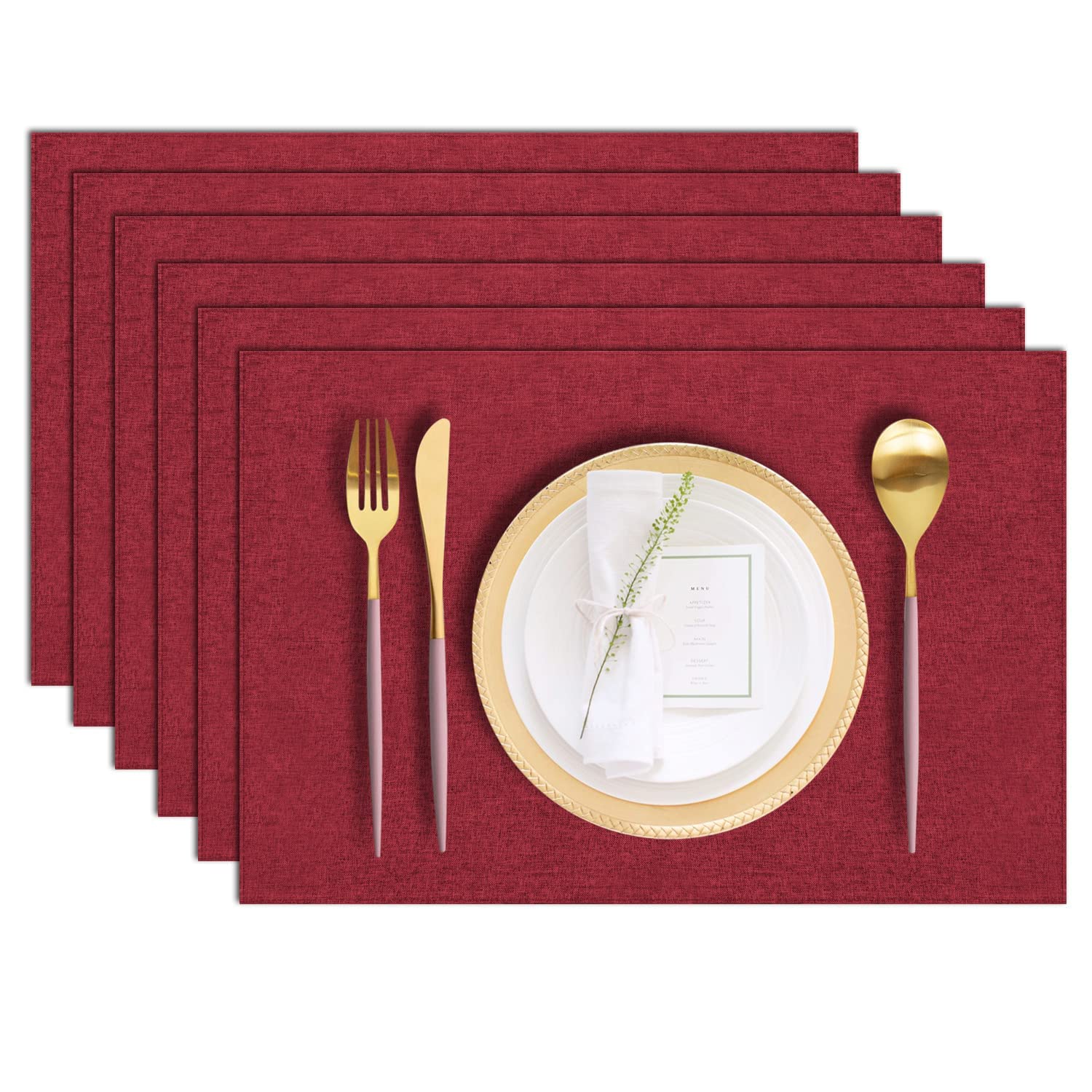 LANDVIEW Cloth Placemats Set of 6, Cotton Linen Blend Machine Washable Durable Linen Table Mats, Heat Resistant Placemats Wrinkle Free Place Mats for Dining Table, Easy to Clean (Burgundy, 6)