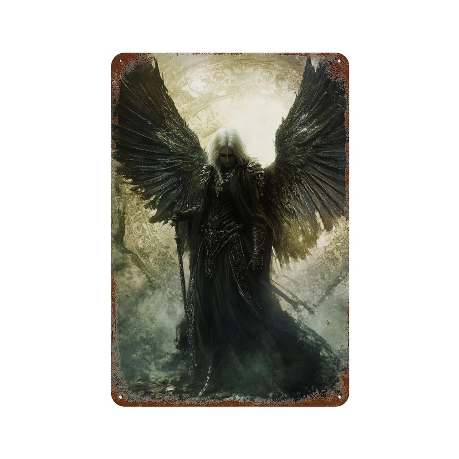 Rust Effect Dark Angel Fantasy Artwork Weathered Tin Sign 11.8"x7.9", Novelty Wall Decor for Office, Studio And Wall Decor