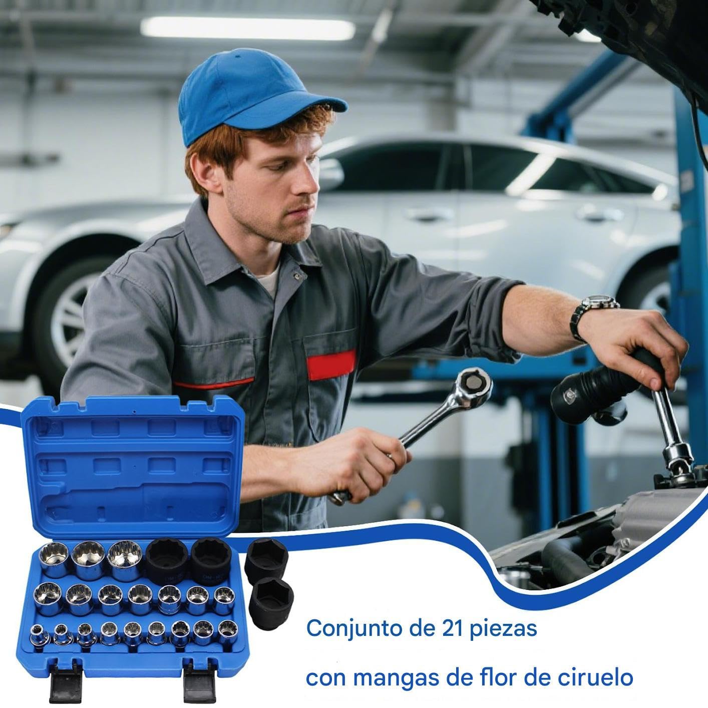 Juego de Llaves de Vaso con Trinquete Kit de Manguitos para Reparación de | Juego Ergonomico De 21 Piezas Para Taller Mecanico, Marina, Electricidad, Construccion Y Automocion