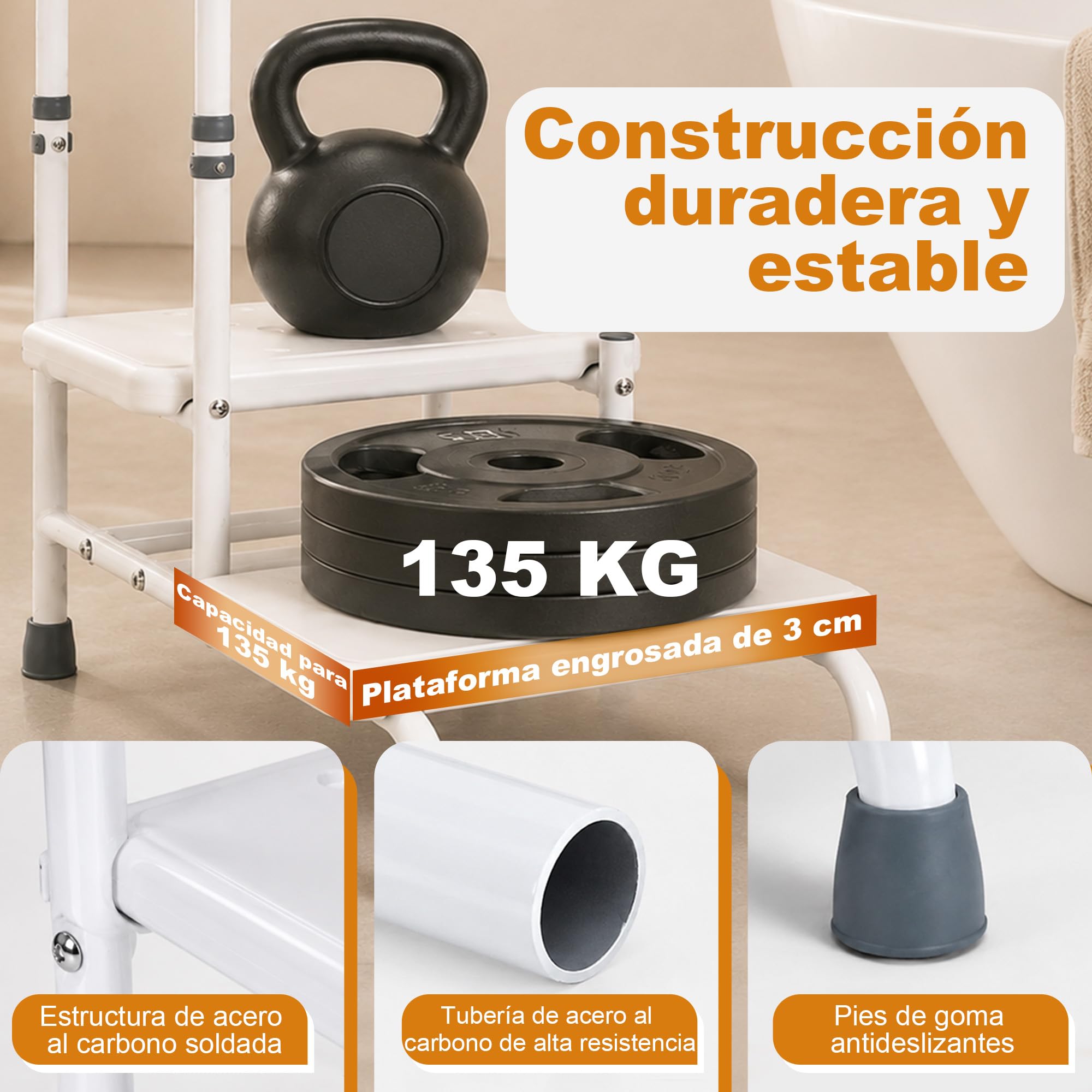 Escalera De 2 Escalones con Pasamanos Amplia Plataforma, Antideslizante Escalón Robusto Y Estable Ideal para Dormitorio Cama Bañera Y como Ayuda para Subir A Personas Mayores Embarazadas Y Adultos