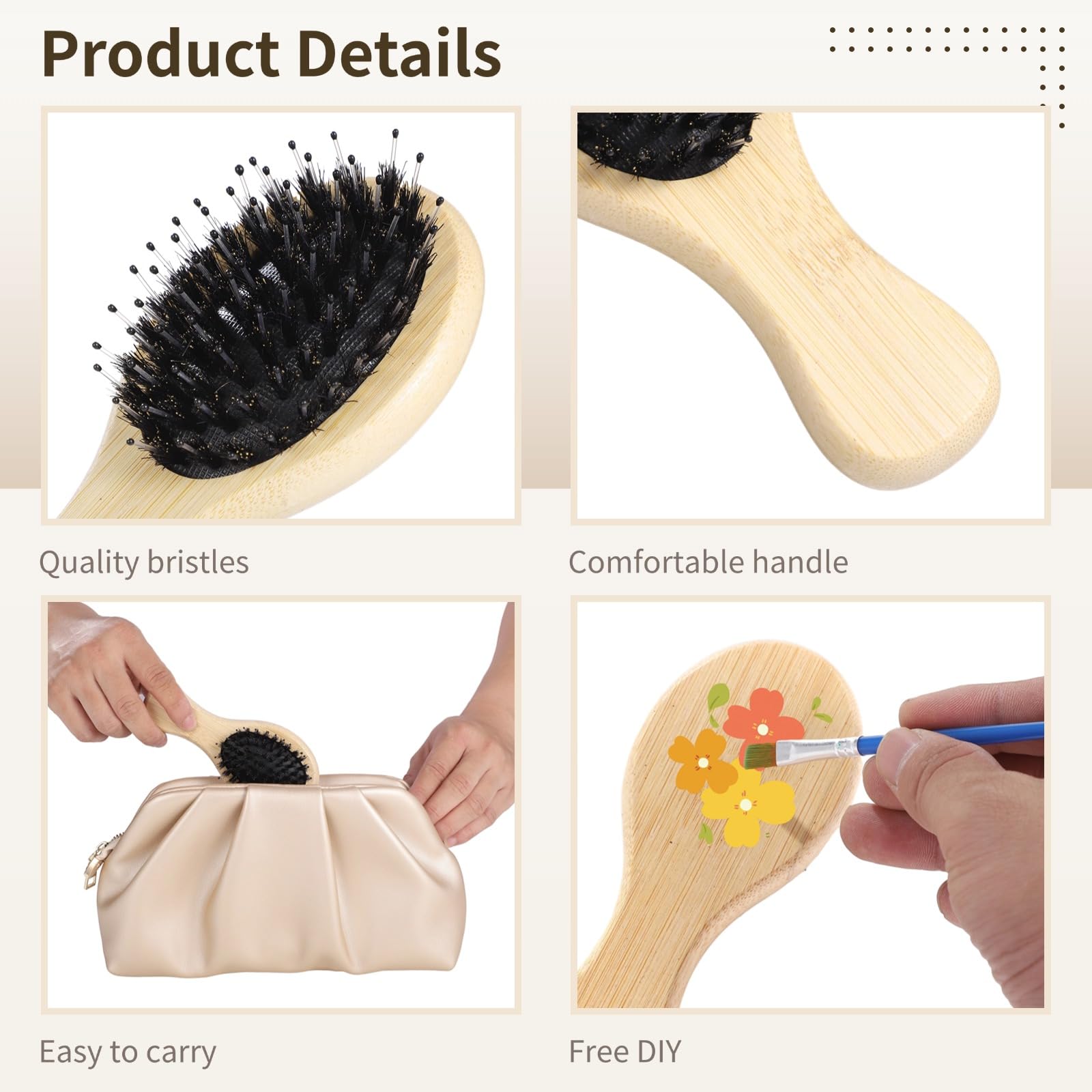 12 mini cepillos de pelo de cerdas de jabalí a granel, cepillos ovalados con mango de madera con cerdas suaves, para peinar detalles, retoques, varios tipos de cabello, venta al por mayor y