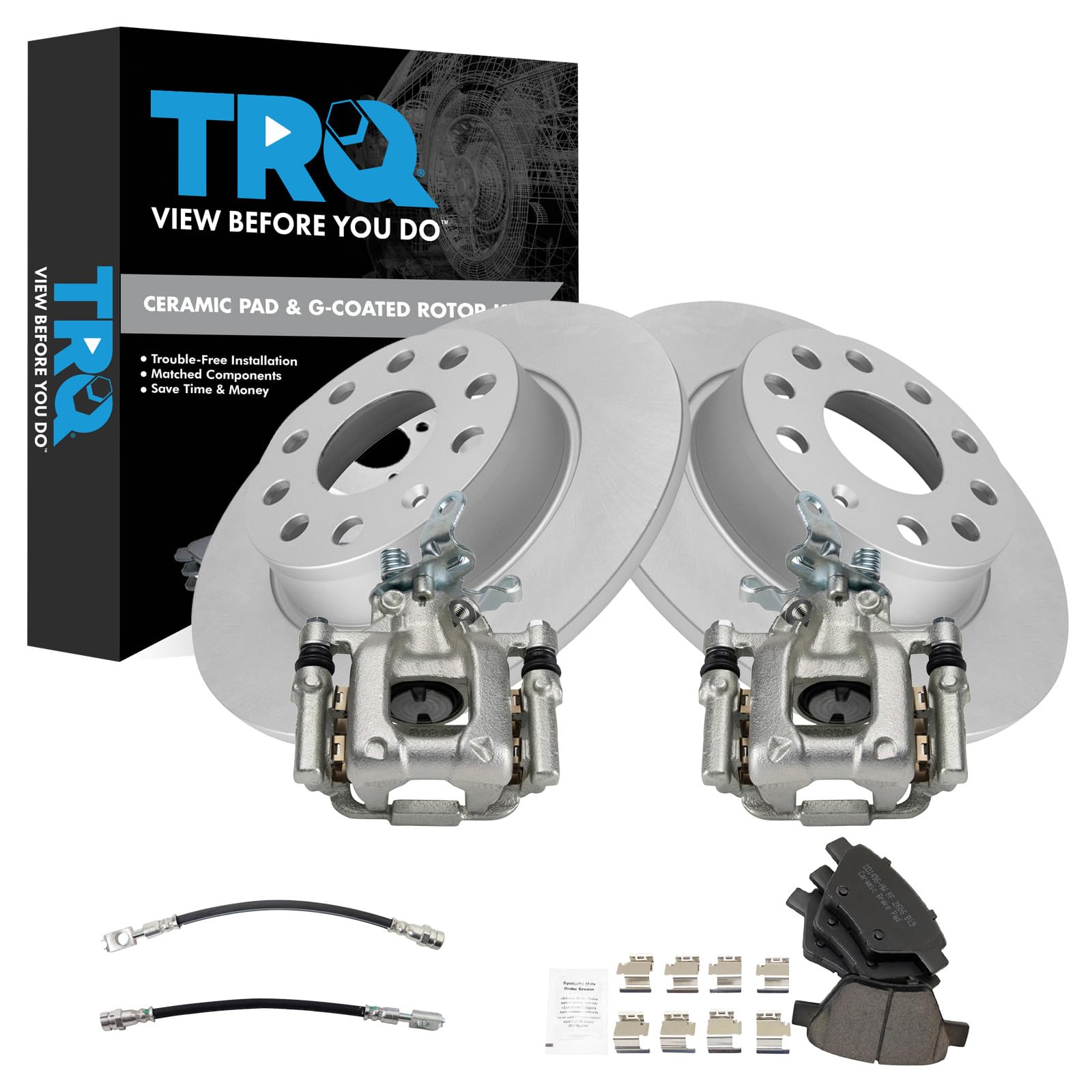 TRQ Rear Brake Pad and Rotor Set Ceramic Coated Rotors Calipers Compatible with 2010-2013 Audi A3 A3 Quattro 2012 Volkswagen Beetle 2011-2016 Eos 2010-2014 Golf 2012-2013 GTI Jetta 2012-2015 Passat