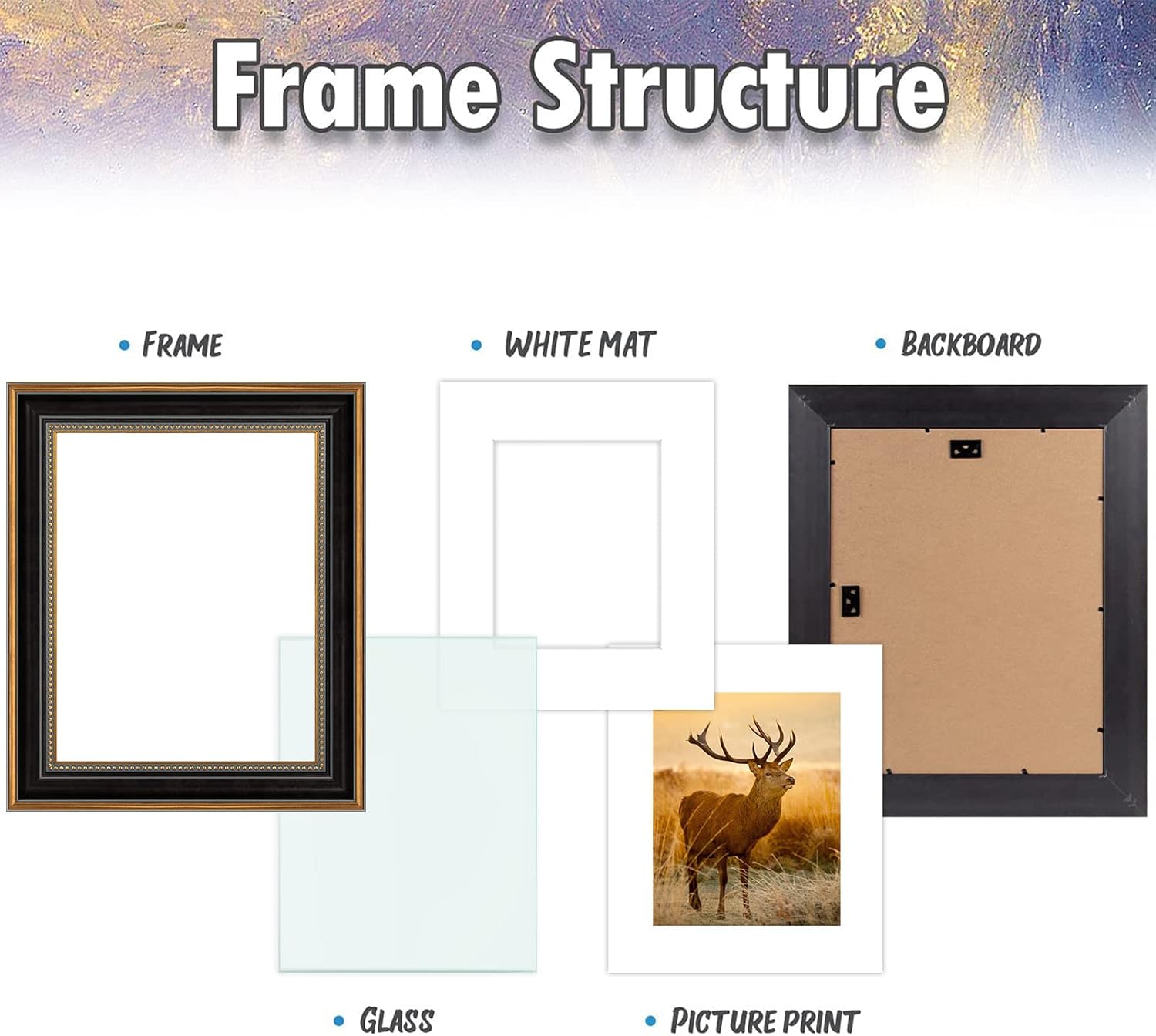 AUEAR,11x14 Picture Frame for 8x10 Photo With Mat or 11x14 Prints Without Mat,Vintage Style,Wall Mounting (Black and Ornate Gold)