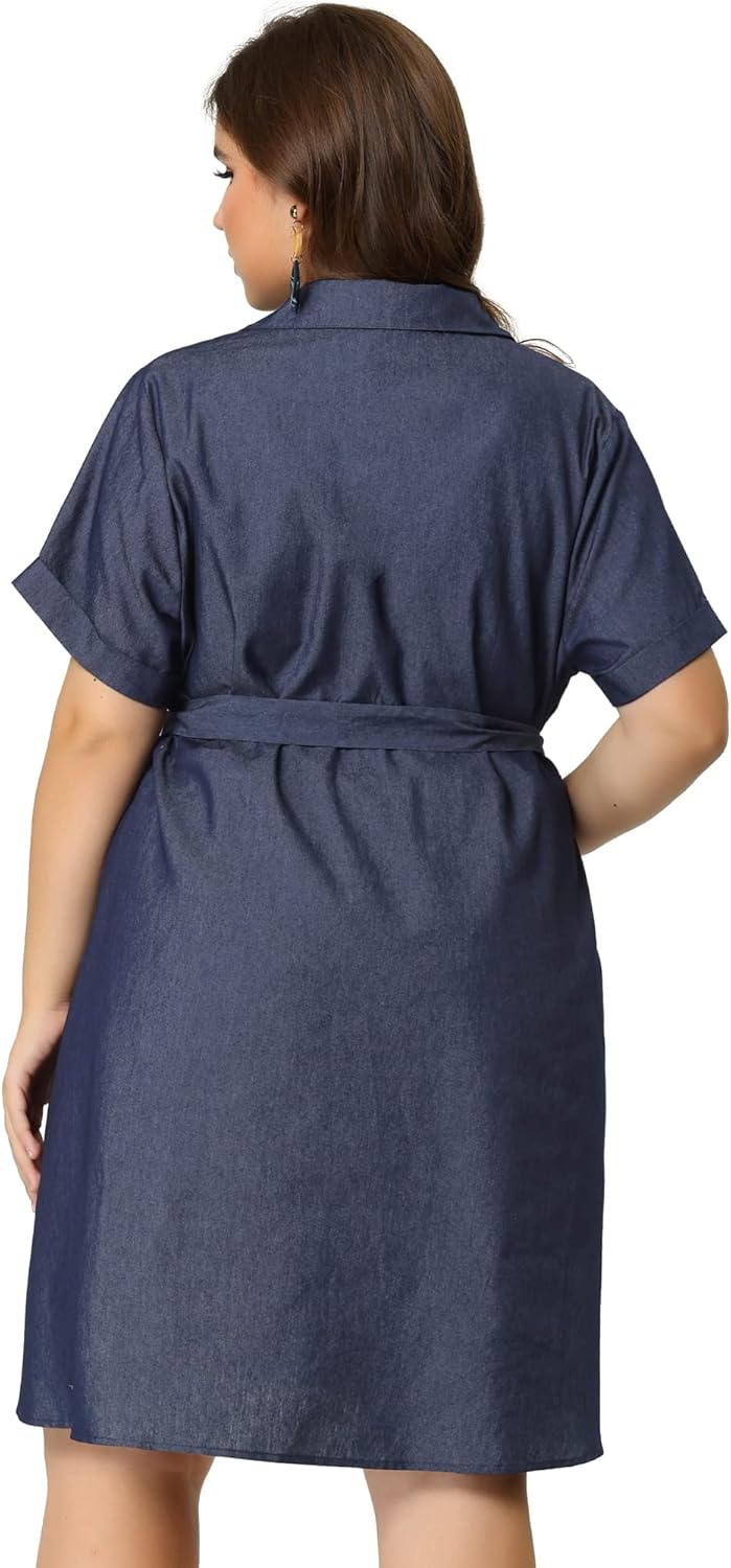 Agnes Orinda Women's Plus Size Dresses Buttons Belted Short Sleeves Chambray Dress 2024 - Image 5