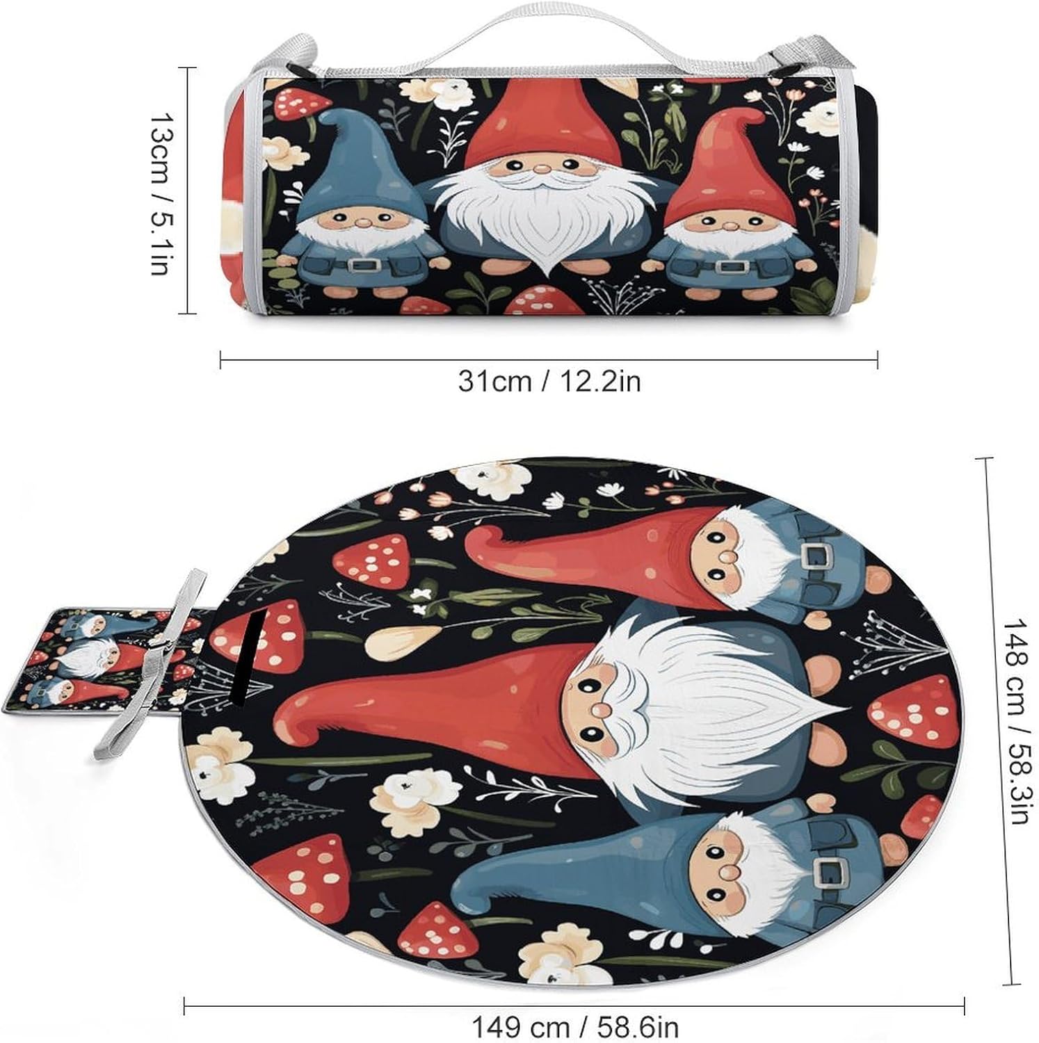 Cute Gnomes Picnic Mat Lightweight Waterproof Picnic Blankets Extra Large Picnic Outdoor Blankets Foldable Sandproof Beach Blanket for Park Beach Camping Courtyard 58.3''x58.3''