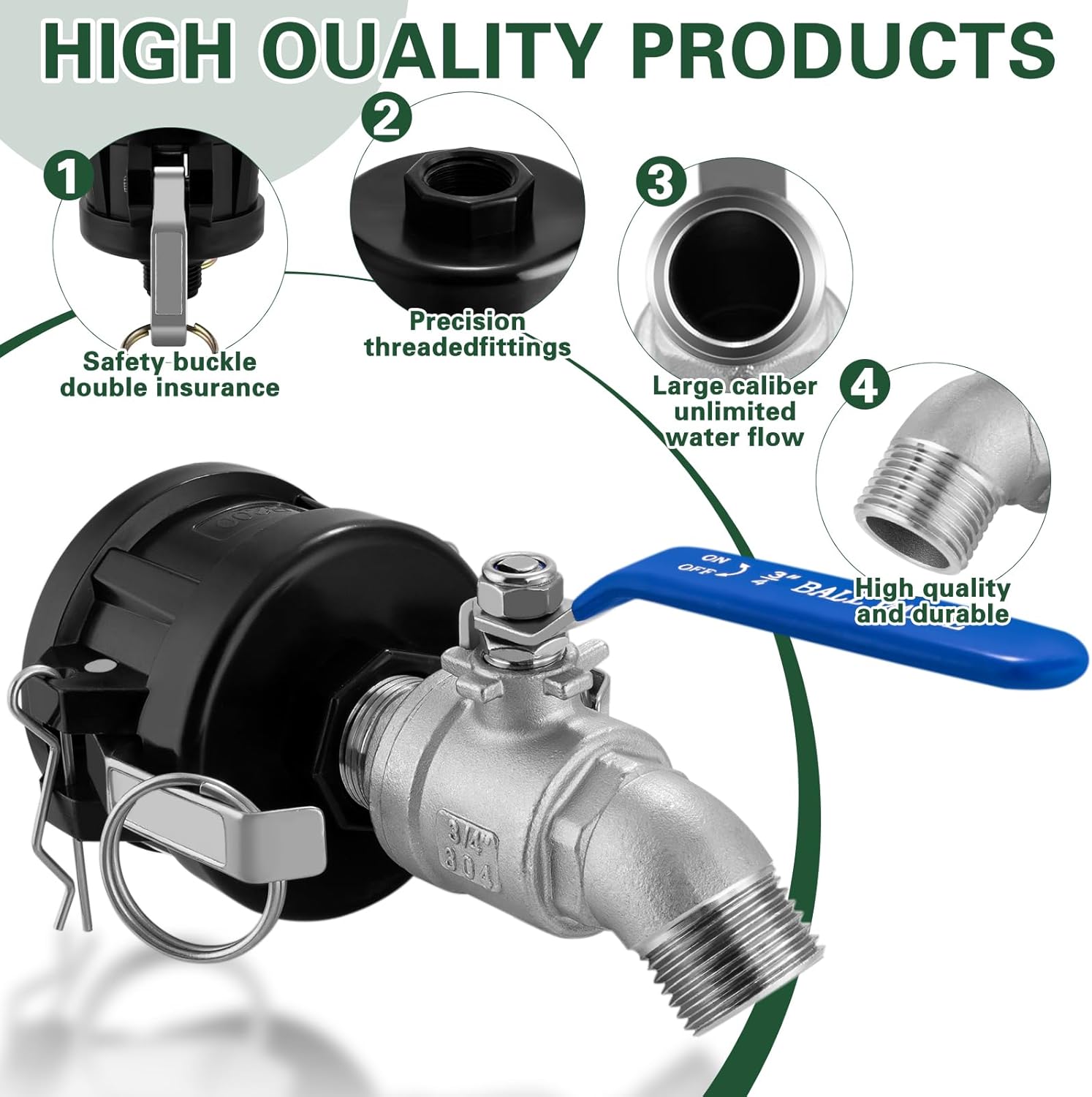 IBC Tote Hose Adapter, 2" Cam Lock for 275-330 Gallon IBC Tote Tank with 2packs Groove Fittings, IBC Tote Garden Hose Adapter with 304 Stainless Steel Hose Faucet (3/4'' Male Inlet ×3/4" Male)