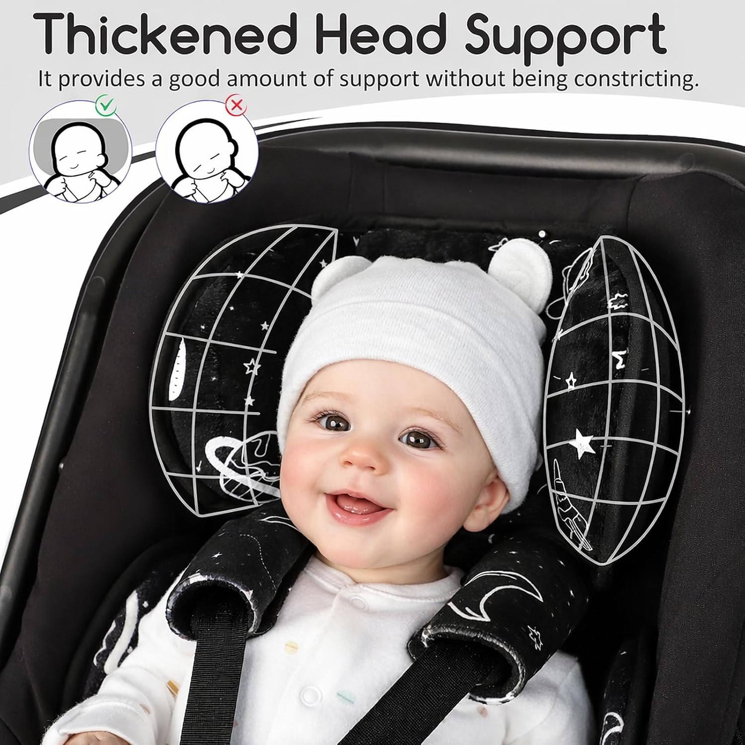Infant Car Seat Insert with 3 Straps Covers, Ultra-Thick Baby Car Seat Head Support for Side Impact Protection, Minky Dot Baby Car Seat Cushion, Universal Black Carseat Head Support for Newborn