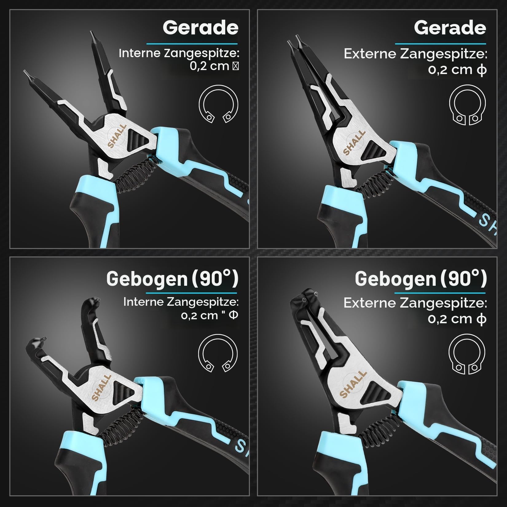 SHALL Sprengringzangen-Set, 4-teiliges robustes 7-Zoll-Sicherungsringzangen, Sicherungsringzange mit 5/64-Zoll-Spitze, umgekehrte Zange für Ringentferner-Halterung mit tragbarer Tasche