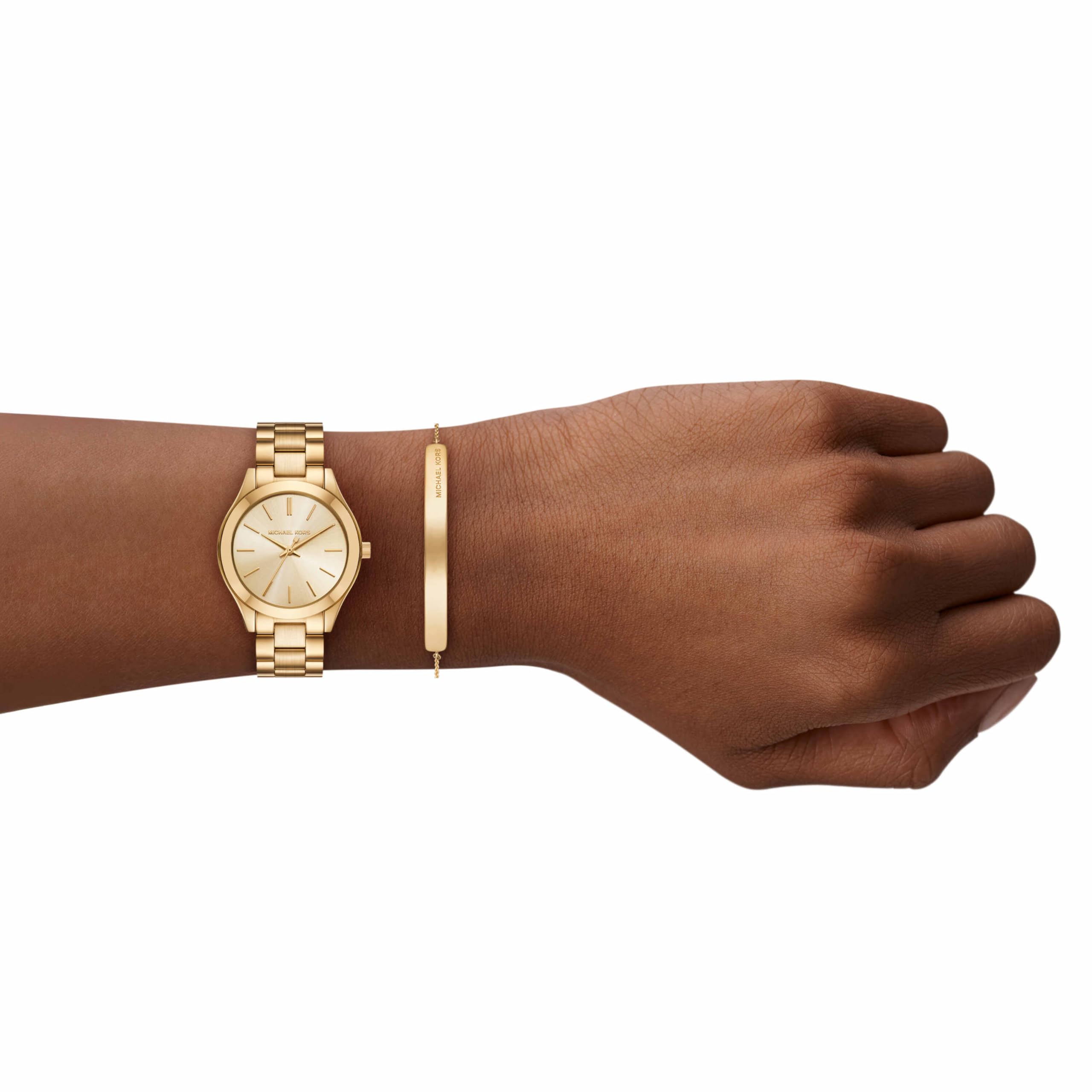 Michael Kors Women's Slim Runway Three-Hand Gold-Tone Stainless Steel Bracelet Watch Gift Set (Model: MK7561SET)