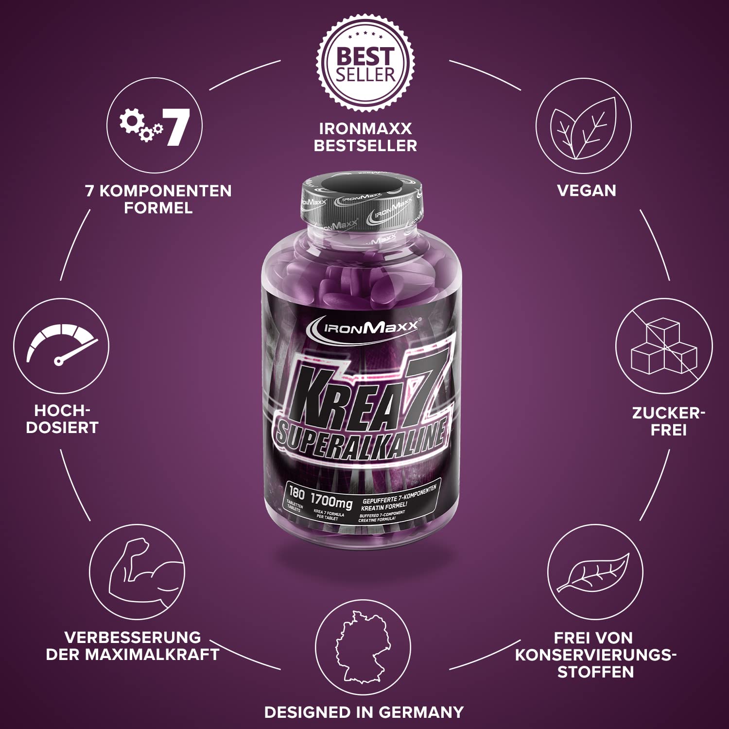 IronMaxx Krea7 Superalkaline Kreatin Tabletten 180 Stk. - 1590mg Kreatin pro Tablette, Mit hochdosierter 7-Komponenten-Formel, Kreatin vegan & zuckerfrei