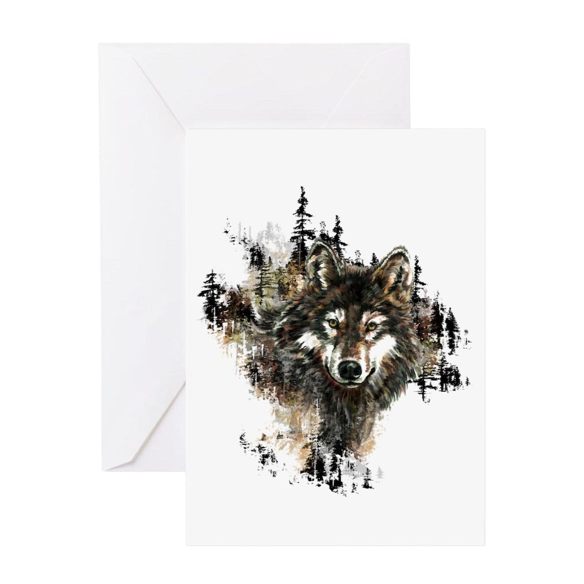 CafePress Watercolor Wolf Mountain Art Greeting Cards Folded Greeting Card Glossy