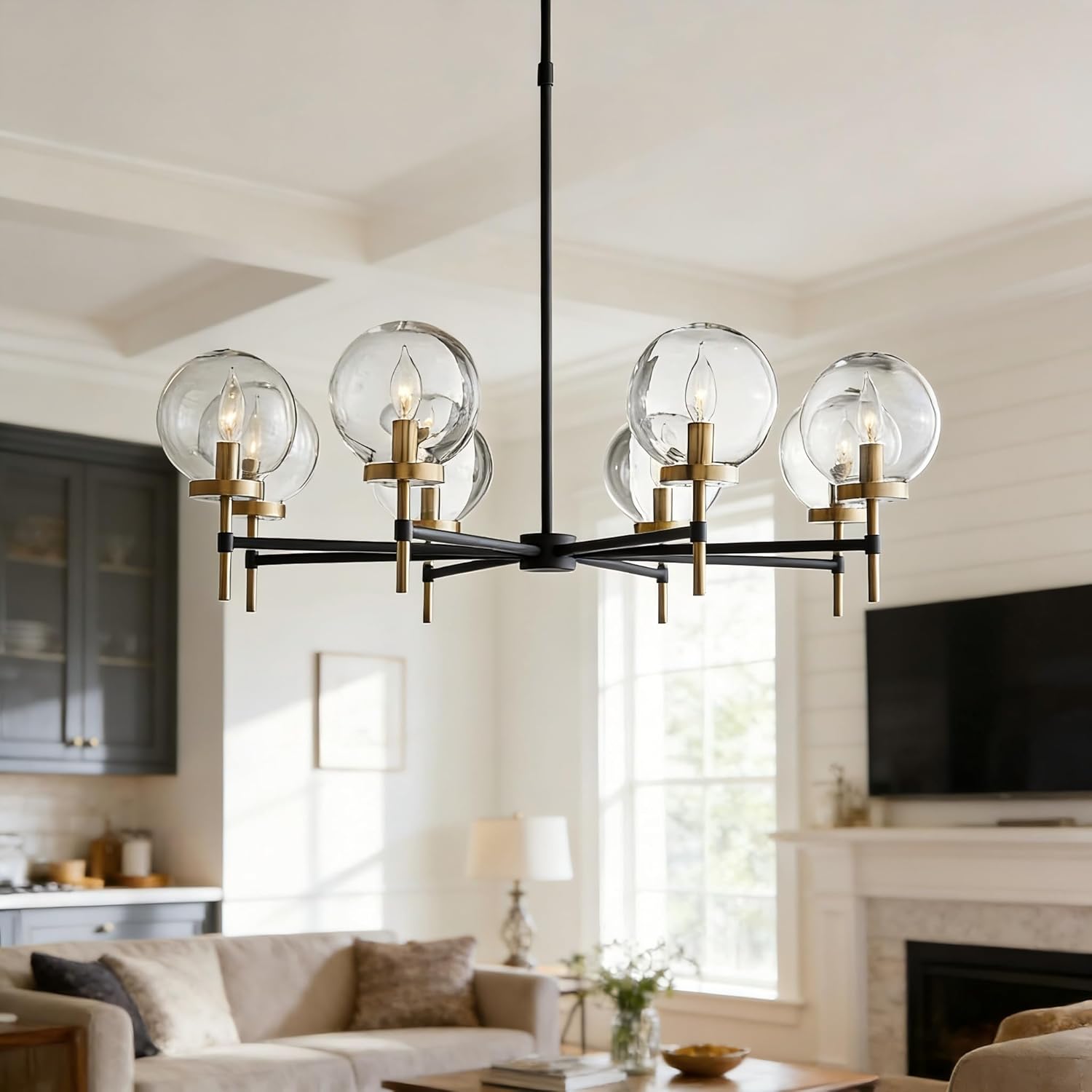 Mid-Century Modern Blown Glass Globe Chandelier, Two-Toned Metals Light Fixture for Dining Room, Sitting Room, Living Room (Small - 36" Diam.)