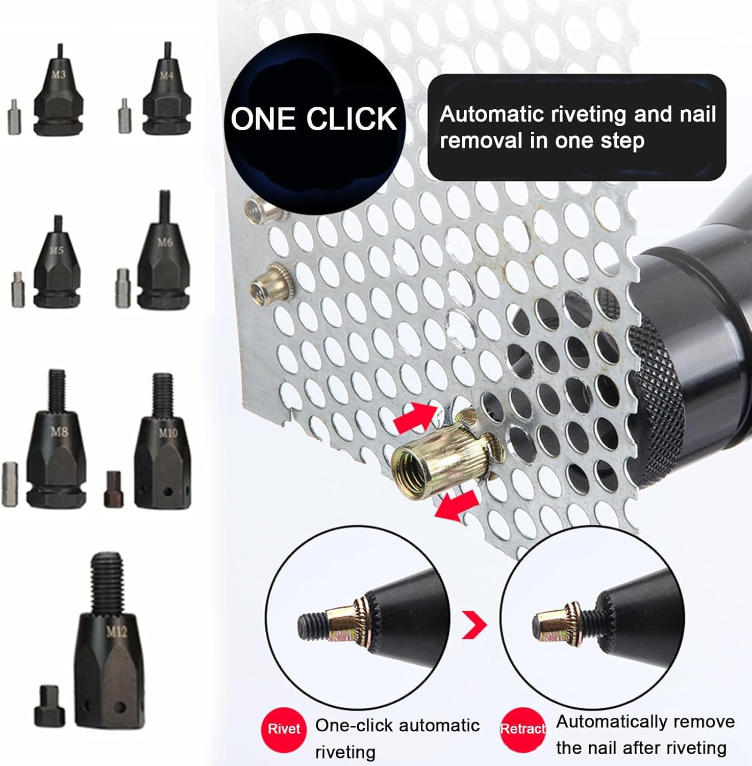 Remachadora inalámbrica portátil | Remachadora de Tuercas | para Tuercas M3 M4 M5 M6 M8 M10 M12 | Pistola de Tuerca Remache automática | para remachar sin Esfuerzo