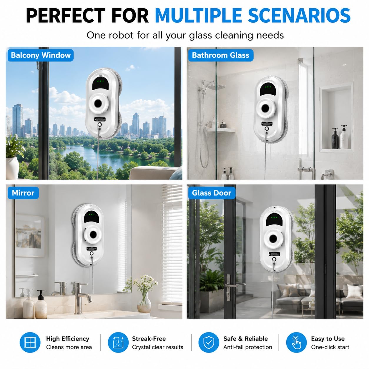 Robot limpiador de ventanas, succión de 5600 Pa, planificación inteligente de caminos, detección de bordes, sistema anticaídas, cuerda de seguridad de 4 m, ideal para ventanas altas, azulejos y