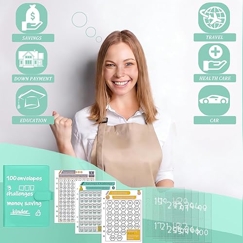Vista 2 de Antner Carpeta de desafíos de ahorro de dinero con 100 sobres, libro de desafíos de ahorro con sobres y rastreadores de desafíos para ahorrar $5,050