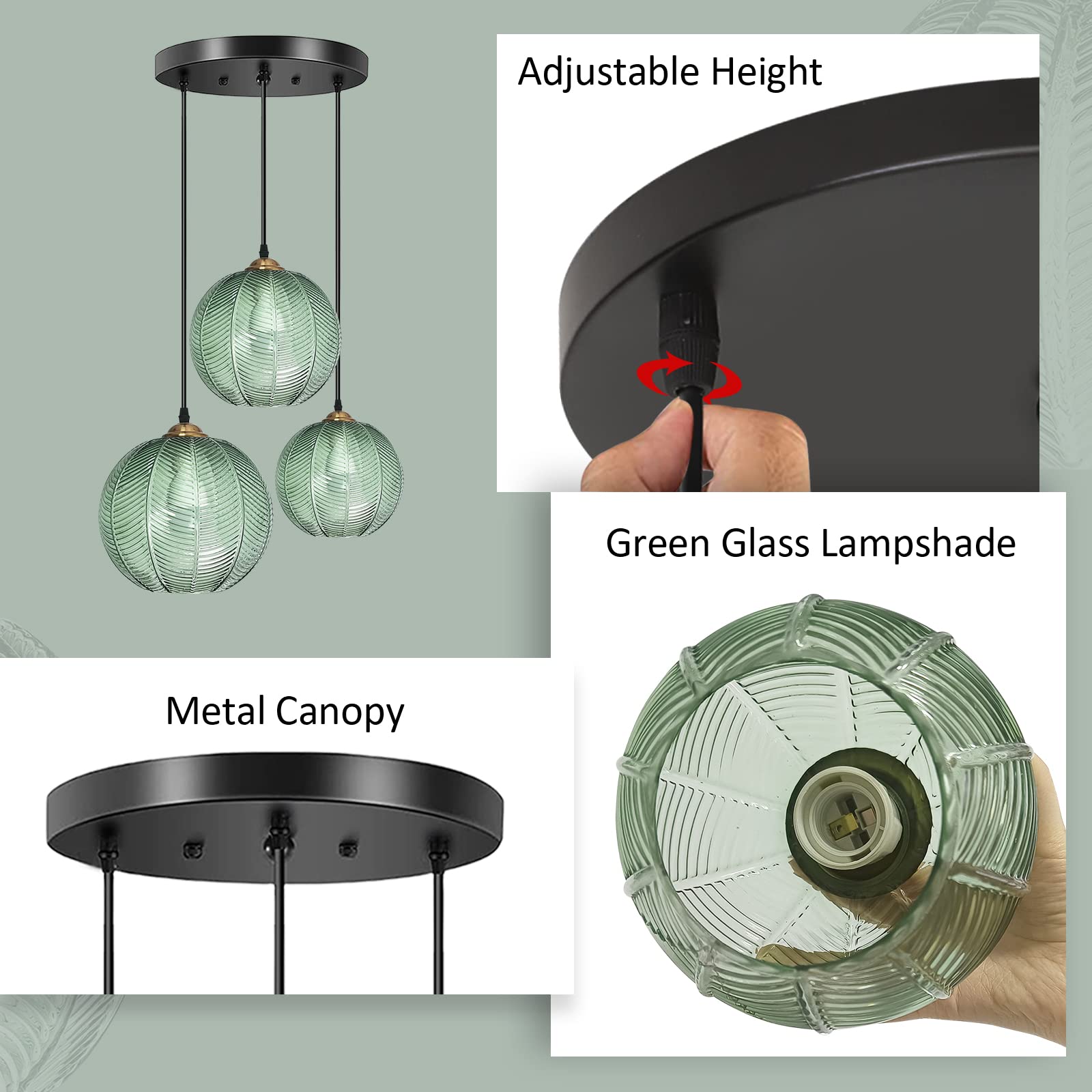 Plafoniere Moderne A Sospensione Per Cucina, 3 Teste In Vetro Verde Con Paralume A Coste – Lampadario Regolabile Per Isola, Sala Da Pranzo, Bar (E26, Lampadine Non Incluse) - 3