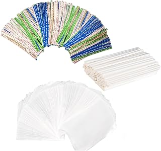 600 PCS Cake Pop Sticks and Wrappers Kit,Paper Lollipop Sticks,Clear Candy Treat Bags Parcel with colorful Twist Ties Bow, Paper Lollipop Sticks,for Cakepop,Lollipop, Hard Candy, Suckers,Chocolate