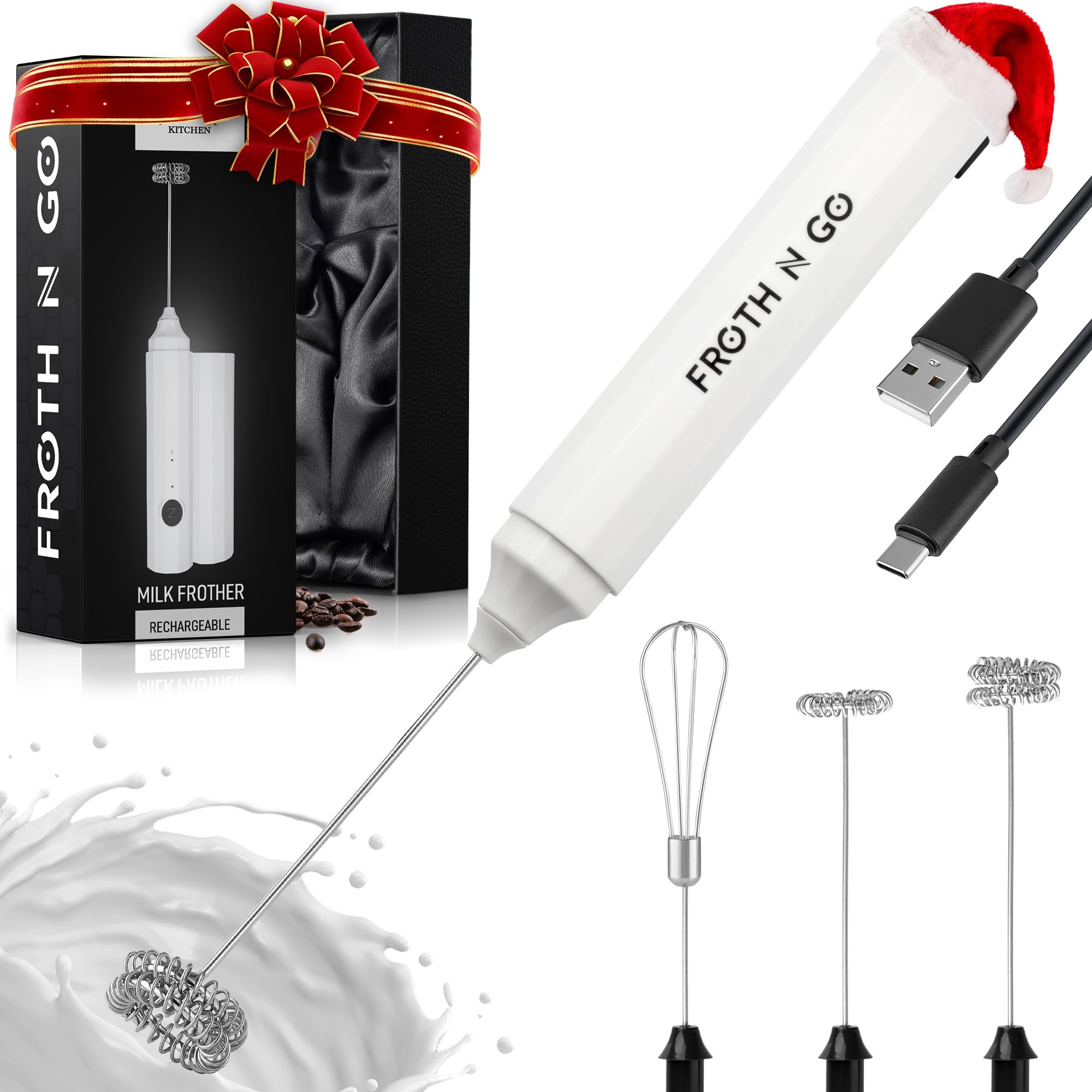 Zulay Froth N Go Milk Frother – Rechargeable 3-in-1 Handheld Frother Wand with Travel Case & USB-C Charger – Single, Double & Egg Whisk for Latte, Cappuccino, Matcha, Protein Shakes – Red