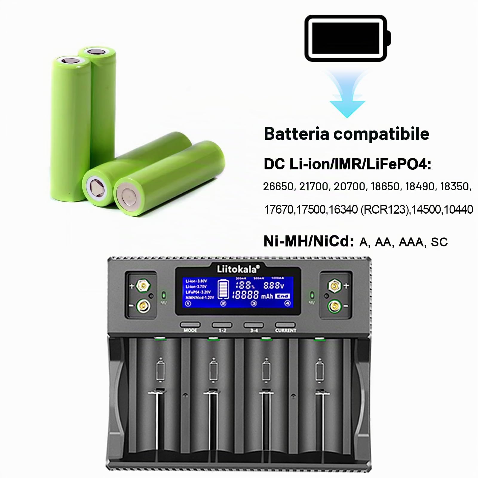 LiitoKala Lii-D4XL Caricabatterie con display LCD, per 14500 18650 26650 32700 AA AAA Li-lion (4.2V) Ni-MH/Ni-CD (1.48V) LiFePO4 (3.65V), potenza di ingresso AC 110-240V DC 12V2A, 4 Bay