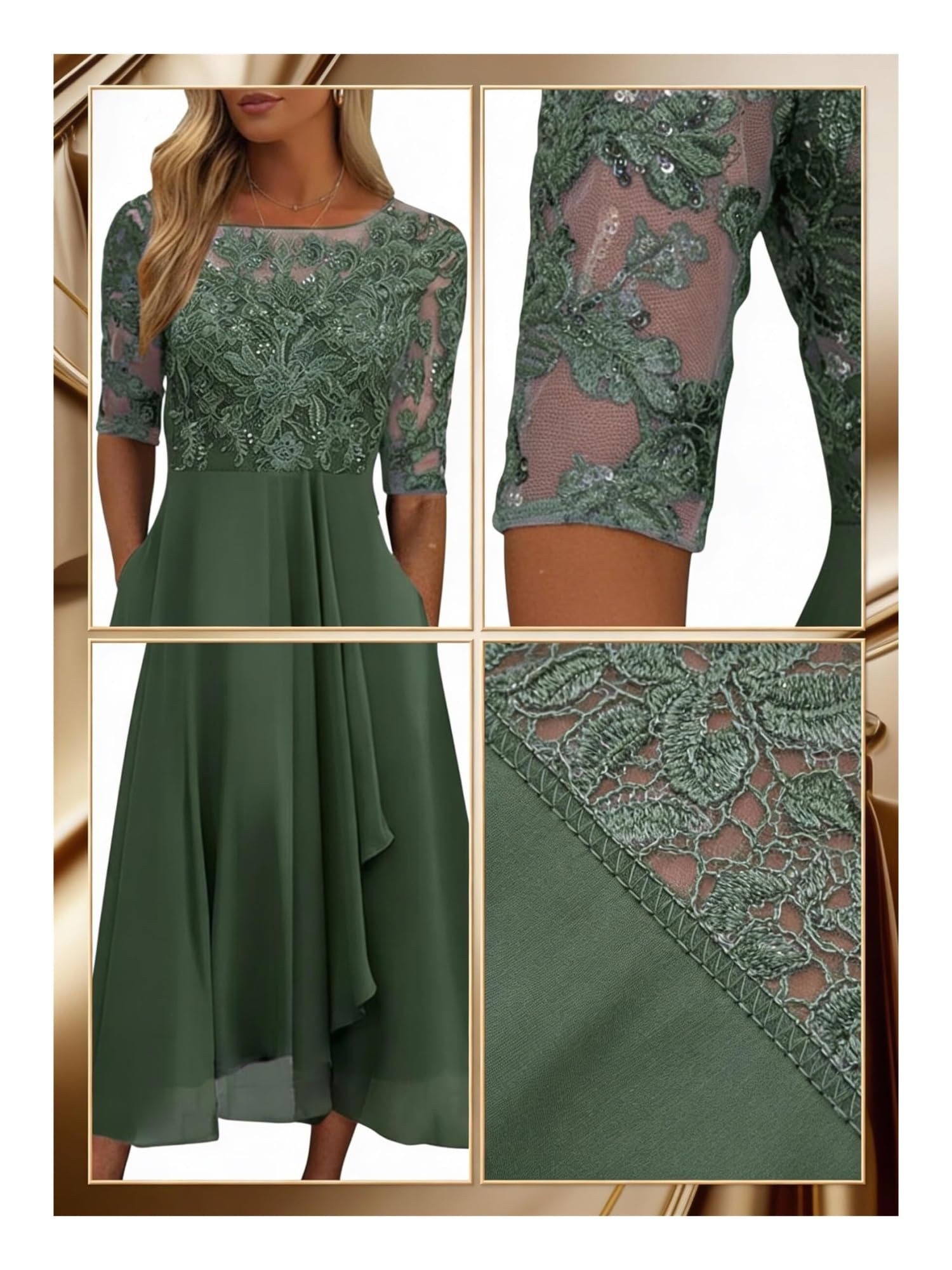 Générique Robe d’invitée de Mariage · Robes de Cocktail Femmes Bourgogne Dentelle Mousseline Mi-Longue Manches 1/2 Coupe A
