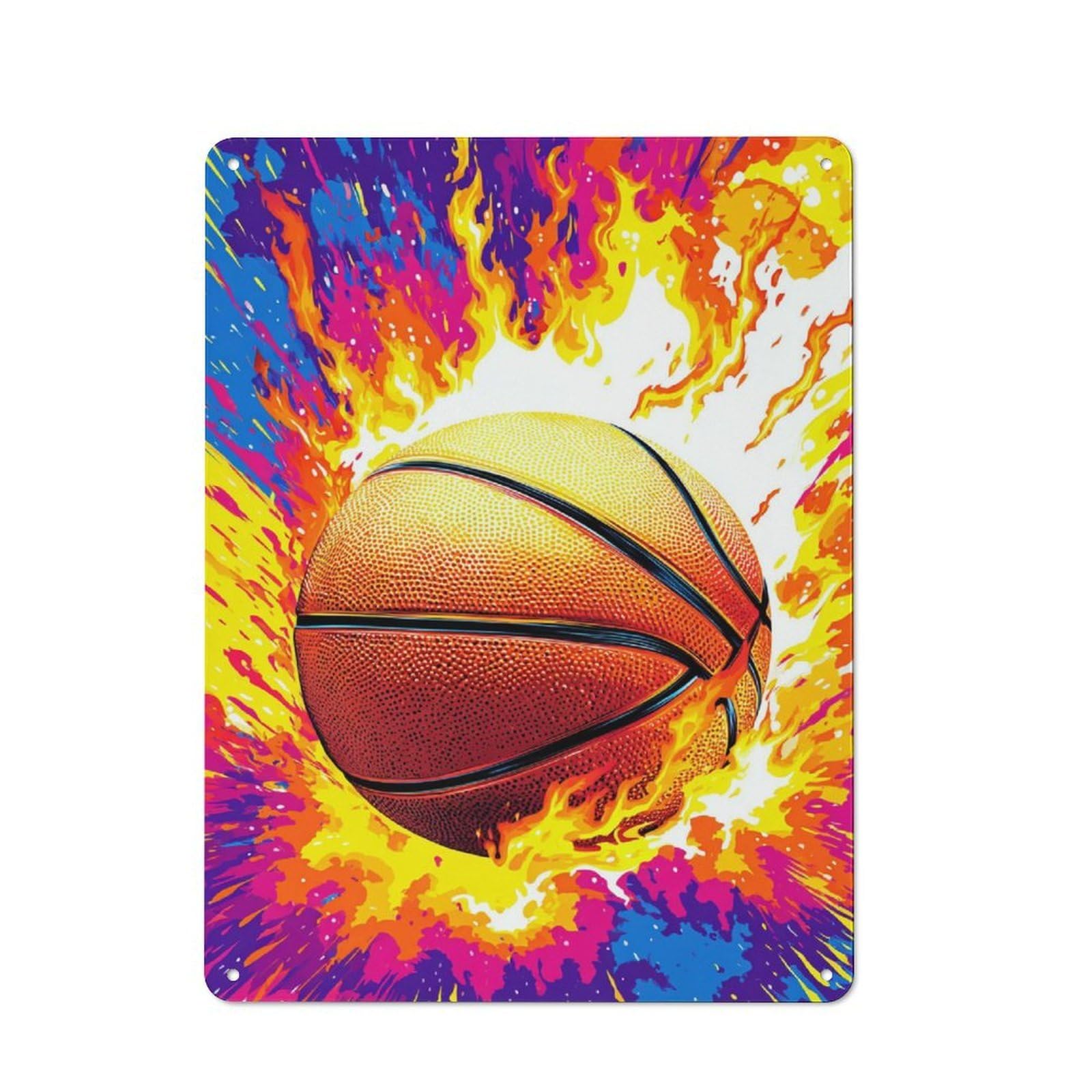 Junmoney Flaming Basketball Artwork -2 Garage Metal Sign 40X30cm, Retro Workshop Wall Decor For Tool Room, Garage, Studio Or Home Bar