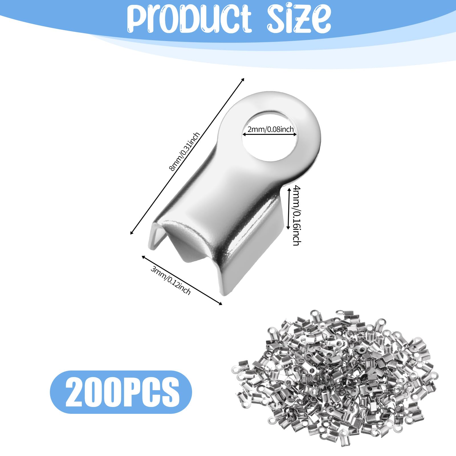 200 Pieces Fold Over Cord Ends, Cord Crimp Tips Leather Ribbon Clamp Clasp Jewelry Connector for Jewelry Making, Necklace Cords, DIY Craft