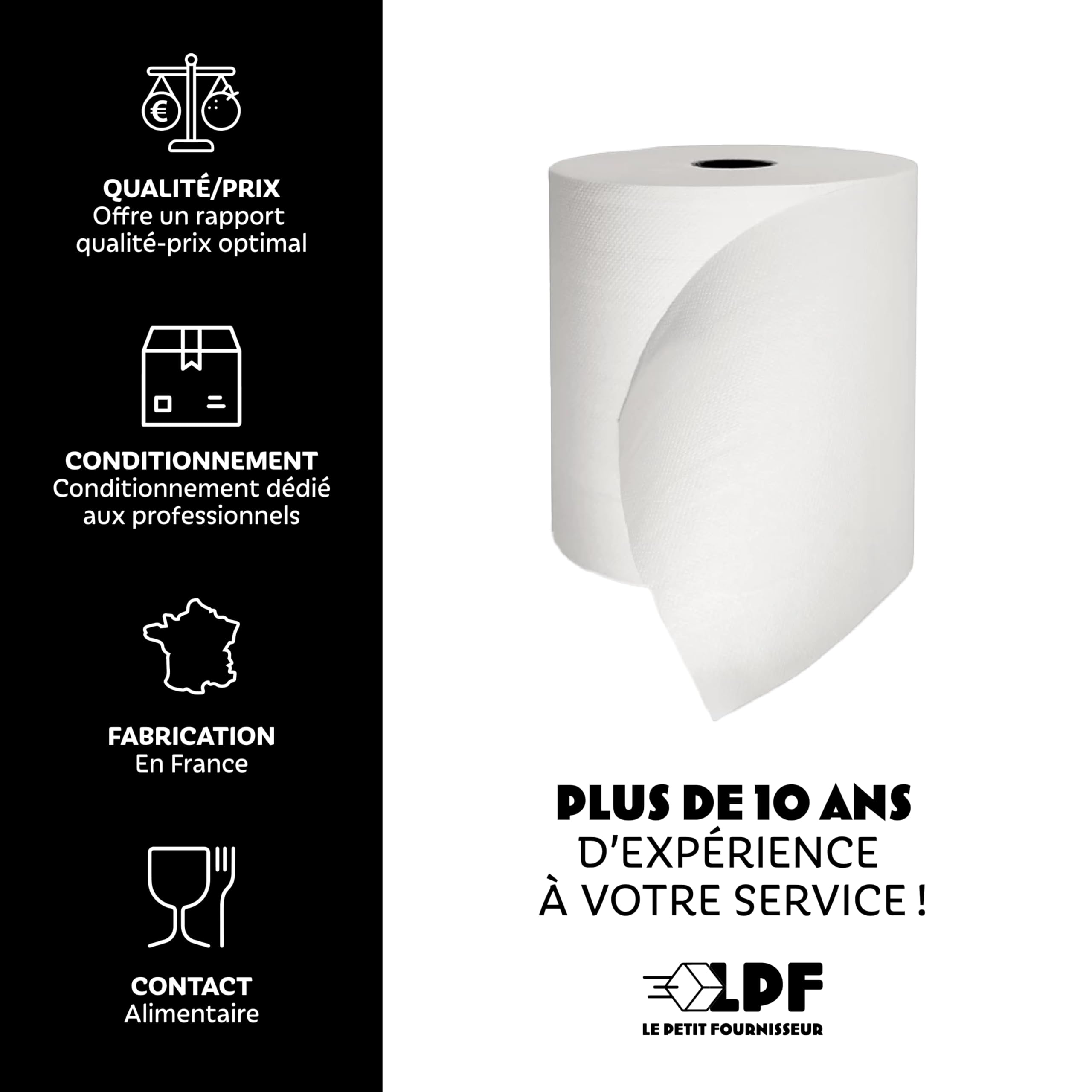 LPF LE PETIT FOURNISSEUR – Essuie-Tout Professionnel Dévidage Central – 450 Feuilles 18x18cm – Double Épaisseur Pure Ouate – Absorbant & Résistant – Contact Alimentaire – Made in France – Lot de 6